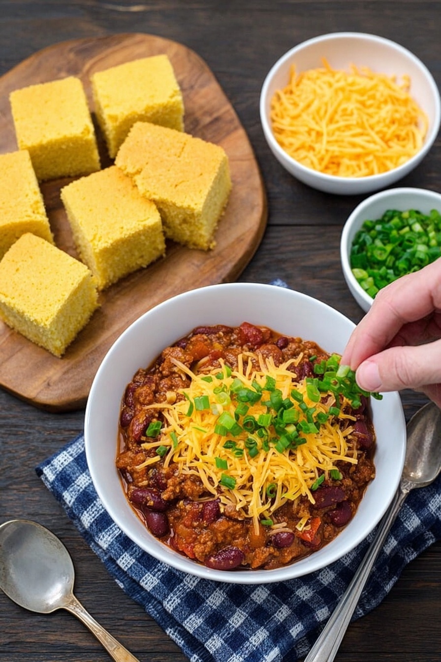Slow Cooker Chili, hearty chili recipe, easy chili dinner, comforting slow cooker meal, beginner-friendly chili - A white bowl filled with chili made of beans and meat, topped with shredded yellow cheese and chopped green onions as the top layer; behind it, a small white bowl holds shredded yellow cheese, and a smaller white bowl contains more chopped green onions; to the left, there is a wooden cutting board with six evenly sliced square cornbreads arranged in two rows; in the foreground, a woman's hand sprinkles chopped green onions over the chili bowl; all items are placed on a dark wooden surface with a blue and white checkered cloth next to a spoon; photo taken with an iphone --ar 2:3 --v 7