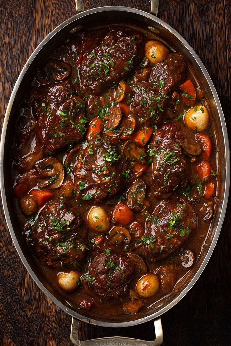 Coq au Vin, French chicken stew, classic French dish, hearty wine braised chicken, traditional Coq au Vin - A large oval metal pot filled with rich dark brown stew showing seven pieces of thick cooked meat on top. The stew also has round golden onions, sliced brown mushrooms, and chunky orange carrot pieces mixed throughout, all covered with a thick, shiny sauce. Small green chopped herbs are sprinkled evenly over the entire dish. The pot sits on a dark wooden surface. photo taken with an iphone --ar 2:3 --v 7