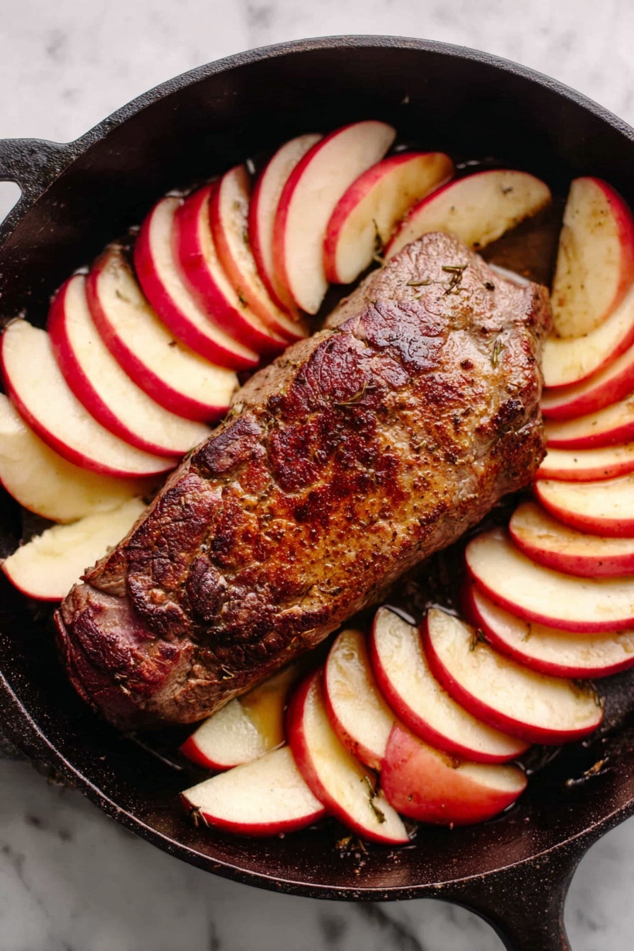 Brown Sugar Pork and Apples Skillet, pork and apples skillet, easy pork and apple recipe, one-pan pork dinner, sweet and savory pork dish - A black cast iron pan holds a cooked brown piece of meat at the center, surrounded by several thick slices of golden-brown cooked apples with red skin edges. Tiny green herb sprigs are scattered on top of the meat and apples. The pan rests on a white marbled surface with three whole red apples, one cut in half, and a garlic bulb placed around it. A red and white checkered cloth is wrapped around the pan handle at the bottom right. Photo taken with an iphone --ar 2:3 --v 7