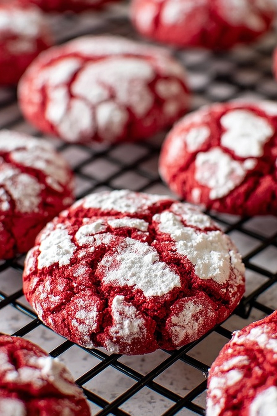 Red Velvet Cookies with Crinkle Coating, easy red velvet cookies, no-bake red velvet cookies, festive crinkle cookies, holiday red velvet treats - The image shows several round red cookies with bright white powdered sugar unevenly spread on top, creating a cracked pattern that reveals the rich red color underneath. The cookies are placed on a black cooling rack, which has a grid pattern, and the texture of the cookies looks soft and slightly crumbly. The background shows more cookies out of focus, giving depth to the image, all sitting on a white marbled surface. The photo is taken with an iphone --ar 2:3 --v 7