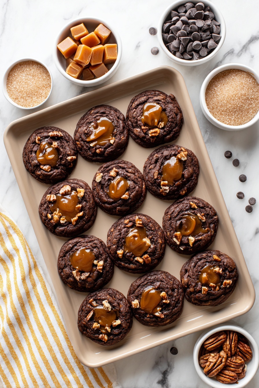 Chocolate Caramel Pecan Cookies, indulgent cookie recipe, chocolate pecan caramel cookies, easy holiday dessert, gourmet cookie ideas - A tray with 15 dark brown round cookies arranged in five rows and three columns, each cookie topped in the center with a caramel pool. Around the caramel are small pieces of chopped pecans and chocolate chips scattered over the cookies. The tray is beige and placed on a white marbled surface. Above the tray are four small white bowls containing dark chocolate chips, pecan halves, whole caramel candies, and light brown sugar. A white and yellow striped cloth is placed on the bottom left corner of the surface. Photo taken with an iphone --ar 2:3 --v 7