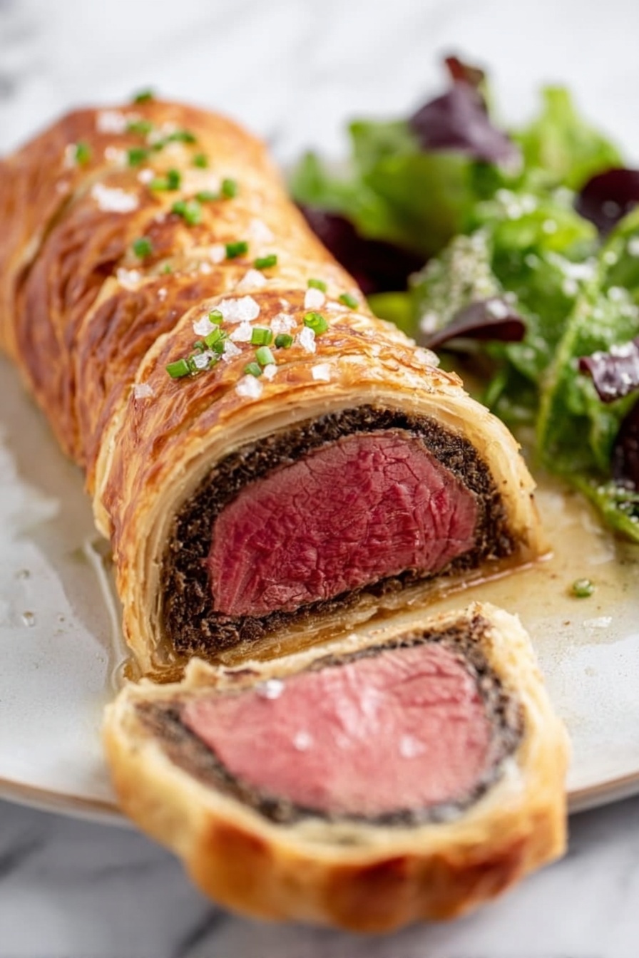 Best Beef Wellington, Beef Wellington, Beef Wellington recipe, Homemade Beef Wellington, Perfect Beef Wellington - A Beef Wellington loaf is sliced into three pieces showing layers from outside to inside: a shiny golden-brown flaky pastry crust with light flakes scattered around, a thin green herb layer inside the crust, then a rich brown mushroom mixture, and a thick center of pink juicy beef. The three pieces are placed on a wooden board with some green chopped herbs sprinkled on and near them. In the background, there is a small white bowl filled with chopped green herbs and a folded white cloth with a black grid pattern. The scene rests on a white marbled surface. Photo taken with an iphone --ar 2:3 --v 7