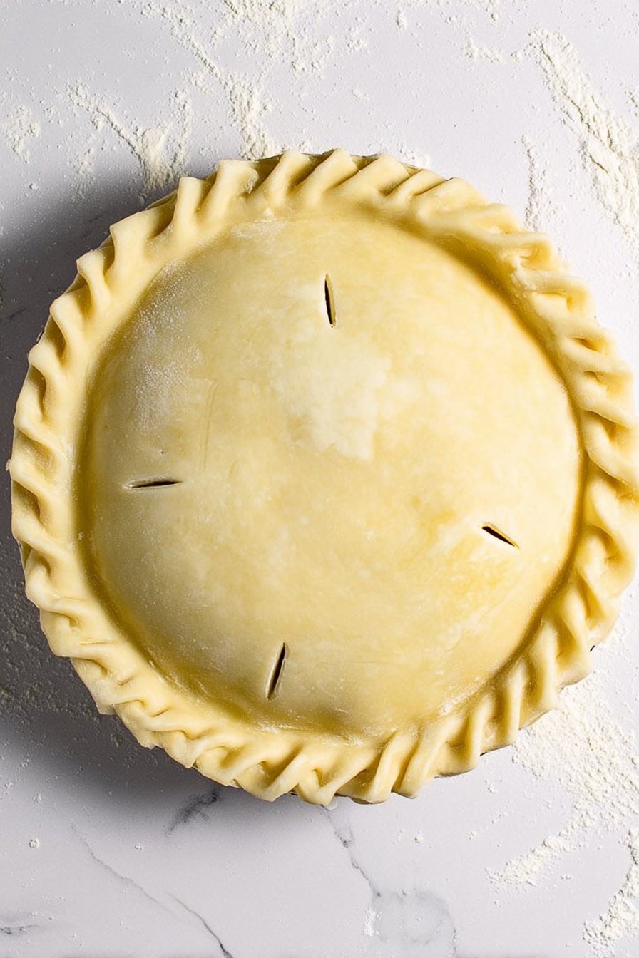 Cheesy Bacon Potato Pie, cheesy bacon potato casserole, bacon and cheese pie, savory potato pie, comfort food recipes - A round pie with one top layer of smooth, light yellow dough, tightly covering the filling beneath. The edge of the pie has a thick, crimped border with a wavy pattern. There are four small, straight slits evenly spaced in the center of the top dough layer for steam to escape. The pie sits on a flat white surface with a white marbled texture, showing some scattered flour nearby. photo taken with an iphone --ar 2:3 --v 7