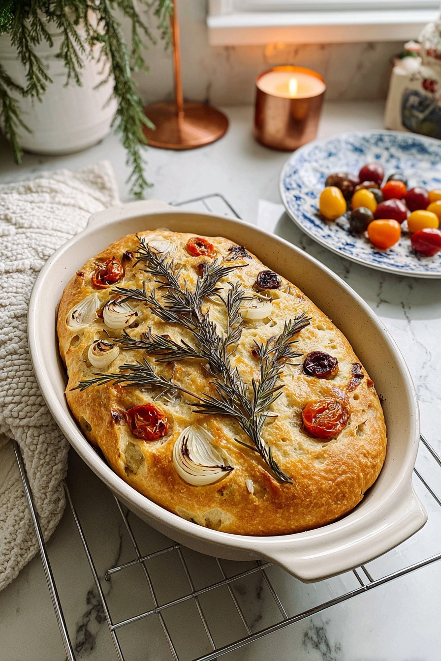 Christmas Tree Focaccia, holiday focaccia bread, festive bread recipes, easy Christmas bread, olive oil focaccia Christmas - The image shows a round, golden-brown focaccia bread resting on a silver cooling rack. The focaccia has small red cherry tomatoes and light yellow spots baked into the top layer, with fresh green rosemary sprigs spread across the surface. The bread looks thick and fluffy with a slightly uneven crust. This is set on a white marbled counter near a white sink with a gold faucet, with some brown and dark bottles and a plant visible in the blurred background. photo taken with an iphone --ar 2:3 --v 7