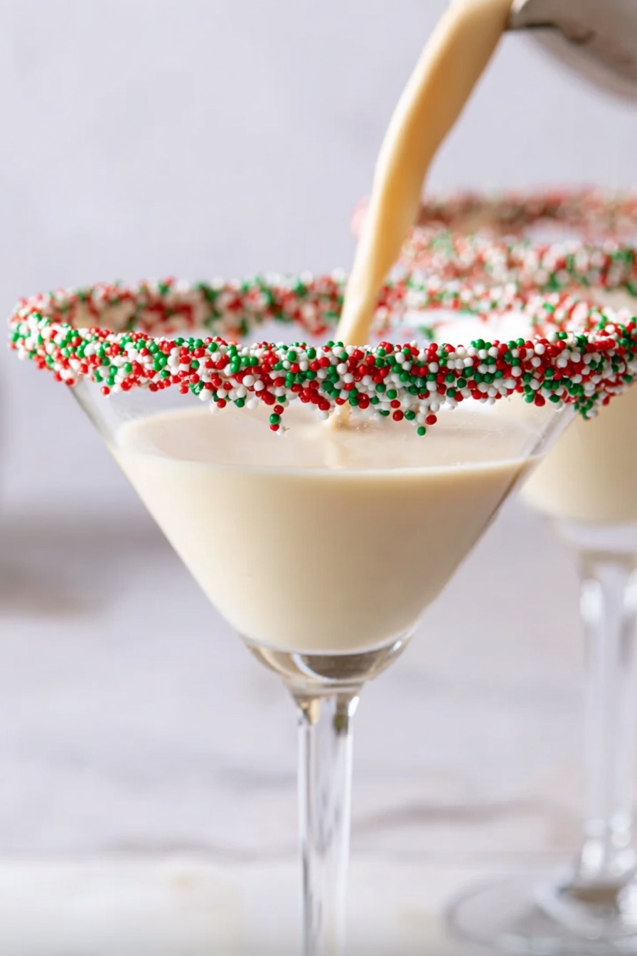 Sugar Cookie Martini, Sugar Cookie Martini recipe, festive cocktail ideas, creamy sugar cookie drink, holiday dessert cocktails - A clear martini glass sits on a white marbled surface, filled with a creamy beige liquid. The rim of the glass is covered in white, green, and red round sprinkles, adding a festive touch. A woman's hand is pouring more of the same creamy drink into the glass from above. In the blurred background, there is another martini glass with the same drink. photo taken with an iphone --ar 2:3 --v 7