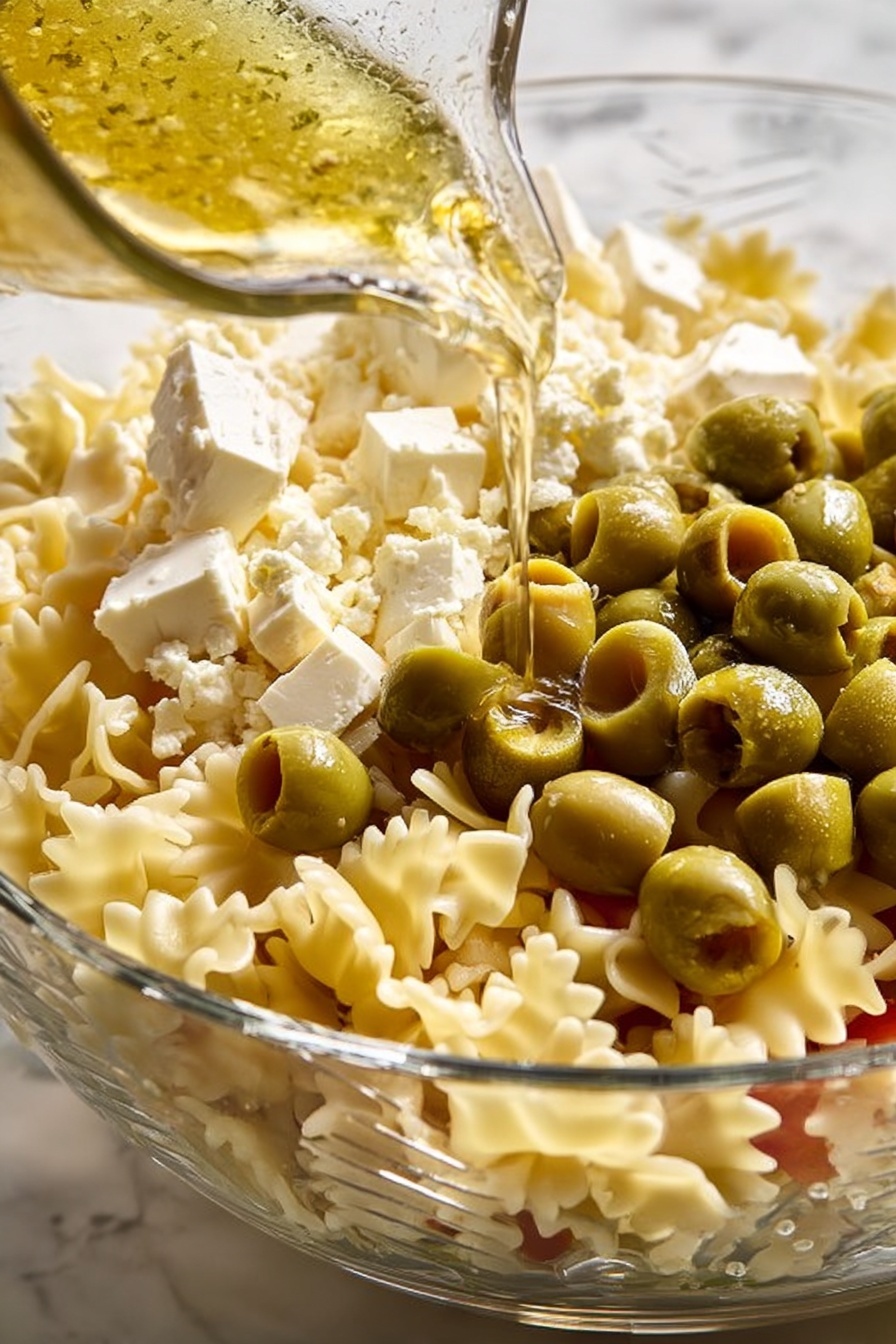 Dirty Martini Pasta Salad, pasta salad with olives and feta, tangy pasta salad recipes, gourmet pasta salad ideas, quick pasta salad dishes - A close-up image shows a clear glass bowl filled with layered pasta salad on a white marbled surface. At the bottom, there is a layer of pale cream-colored pasta with a ruffled edge. On top, there are many green olives, some whole and some sliced, scattered unevenly across the pasta. Next to the olives, there are white chunks of cheese, some with a crumbly texture and others more solid, layered on one side of the bowl. A woman's hand is pouring a light yellow dressing from a small glass container over the salad. The photo is clear and bright, highlighting the fresh ingredients and different textures. Photo taken with an iphone --ar 2:3 --v 7