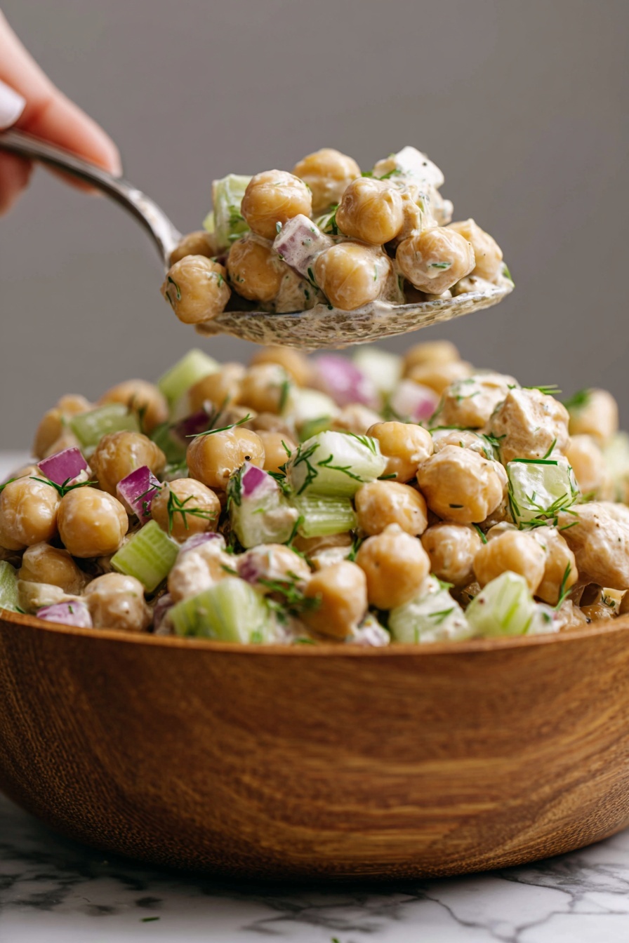 Healthy Tuna Chickpea Salad, healthy tuna salad, chickpea salad recipe, nutritious tuna salad, quick lunch recipes - The image shows a close-up of a chickpea salad served in a wooden bowl placed on a white marbled surface. The salad has three main layers: whole round chickpeas that are light golden and smooth, diced celery pieces that are pale green and crisp, and small bits of red onion adding a touch of purple. The ingredients are mixed with a creamy dressing that lightly coats everything, giving a soft texture. There are also small specks of fresh green herbs evenly spread throughout the salad. A metal spoon is lifting a portion of the salad from the bowl, with a woman's hand holding it, emphasizing the chunky and fresh look of the dish. photo taken with an iphone --ar 2:3 --v 7