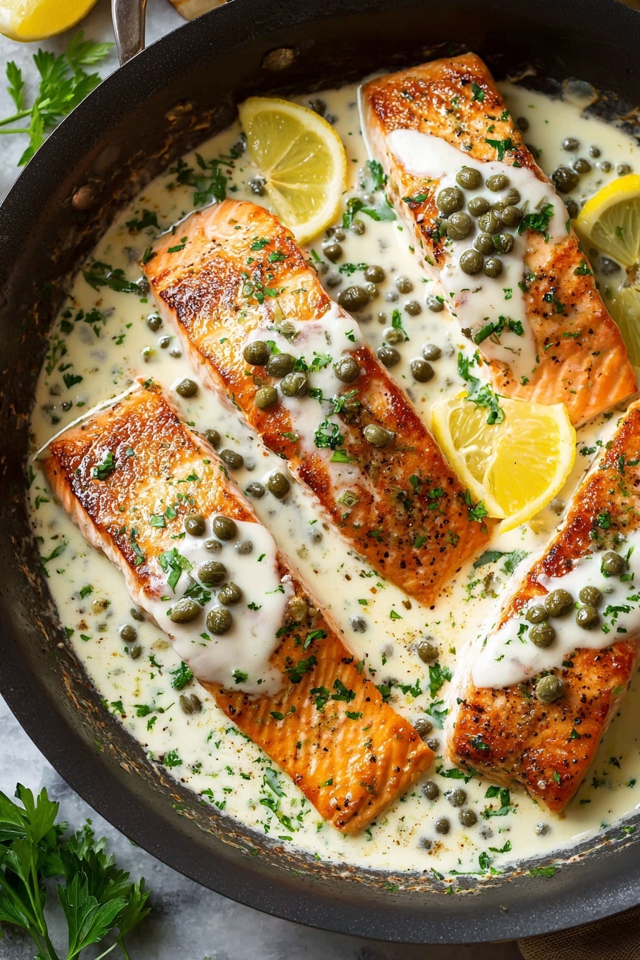 Creamy Salmon Piccata, salmon piccata with cream, easy fish dinner recipes, elegant salmon dishes, quick seafood recipes - The image shows four golden-brown cooked salmon fillets in a black pan filled with a creamy white sauce. The sauce has green capers and is sprinkled with chopped fresh parsley all over. Each fillet is topped with a small wedge of lemon and a drizzle of the creamy sauce. The pan rests on a surface with a white marbled texture, and some parsley leaves are visible near the bottom left corner. The overall look is fresh and rich, with warm orange salmon contrasting the light sauce and green herbs. photo taken with an iphone --ar 2:3 --v 7