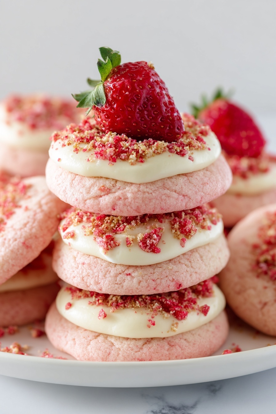 Strawberry Crunch Cookies with Cream Cheese Frosting, strawberry dessert recipes, fruit-flavored cookies, easy strawberry cookies, crunchy frosting cookies - A three-layer pink cookie stack with two layers of smooth white cream filling in between. Each cream layer is topped with small red and beige crumbly bits. The top layer of cream is decorated with a whole fresh red strawberry with green leaves. The dessert sits on a white marbled surface, and the photo is taken close up, showing the soft and crumbly texture of the cookies and the creamy filling. photo taken with an iphone --ar 2:3 --v 7