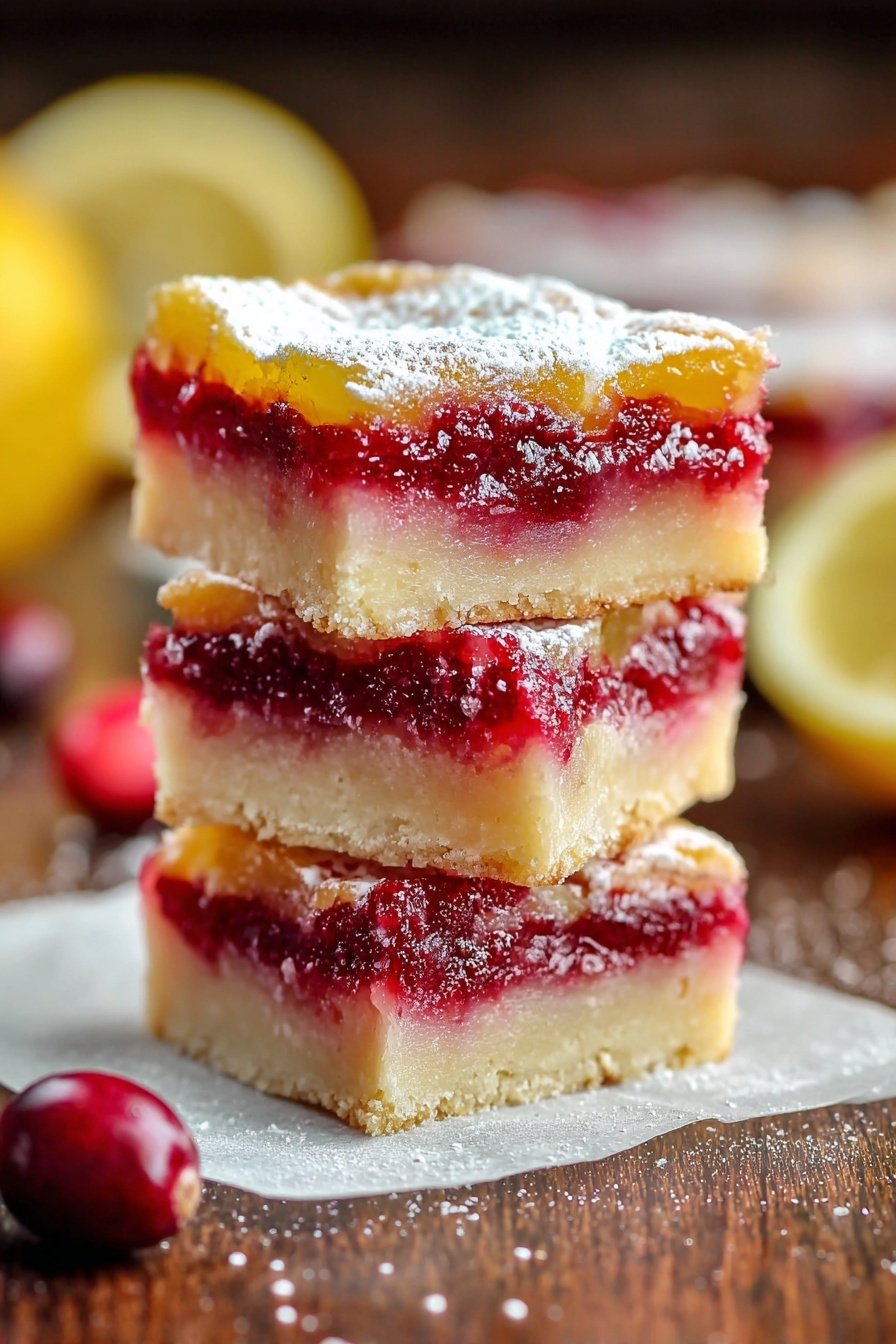 Cranberry Lemon Bars, Cranberry Lemon Bars recipe, lemon cranberry dessert, easy lemon bars, holiday dessert recipes - The image shows square lemon cranberry bars with three visible layers: a pale, crumbly crust at the bottom, a bright red cranberry layer in the middle, and a smooth, glossy yellow lemon layer on top. The lemon layer is dusted with a light sprinkle of white powdered sugar. The bars are placed on light brown parchment paper, on top of a wooden surface, surrounded by fresh cranberries and two lemon halves on the left side. The focus is on one bar in the front, with the rest slightly blurred in the background. The scene is warm and natural, with soft light highlighting the texture and colors. photo taken with an iphone --ar 2:3 --v 7