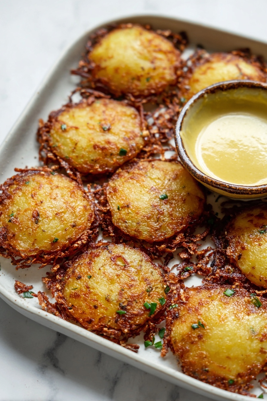 Cheese-Crusted Yukon Gold Potatoes with Garlic Aioli, crispy cheese potato side dish, baked Yukon Gold potatoes with cheese crust, garlic aioli for potatoes, cheesy potato appetizer - A white plate holds several crispy, golden-brown potato pancakes with rough, crunchy edges and a slightly patterned surface, sprinkled lightly with green herbs. On the side of the plate, there is a small ceramic bowl filled with smooth, creamy, pale yellow sauce. The plate is set on a white marbled surface, creating a clean and bright background. Photo taken with an iphone --ar 2:3 --v 7