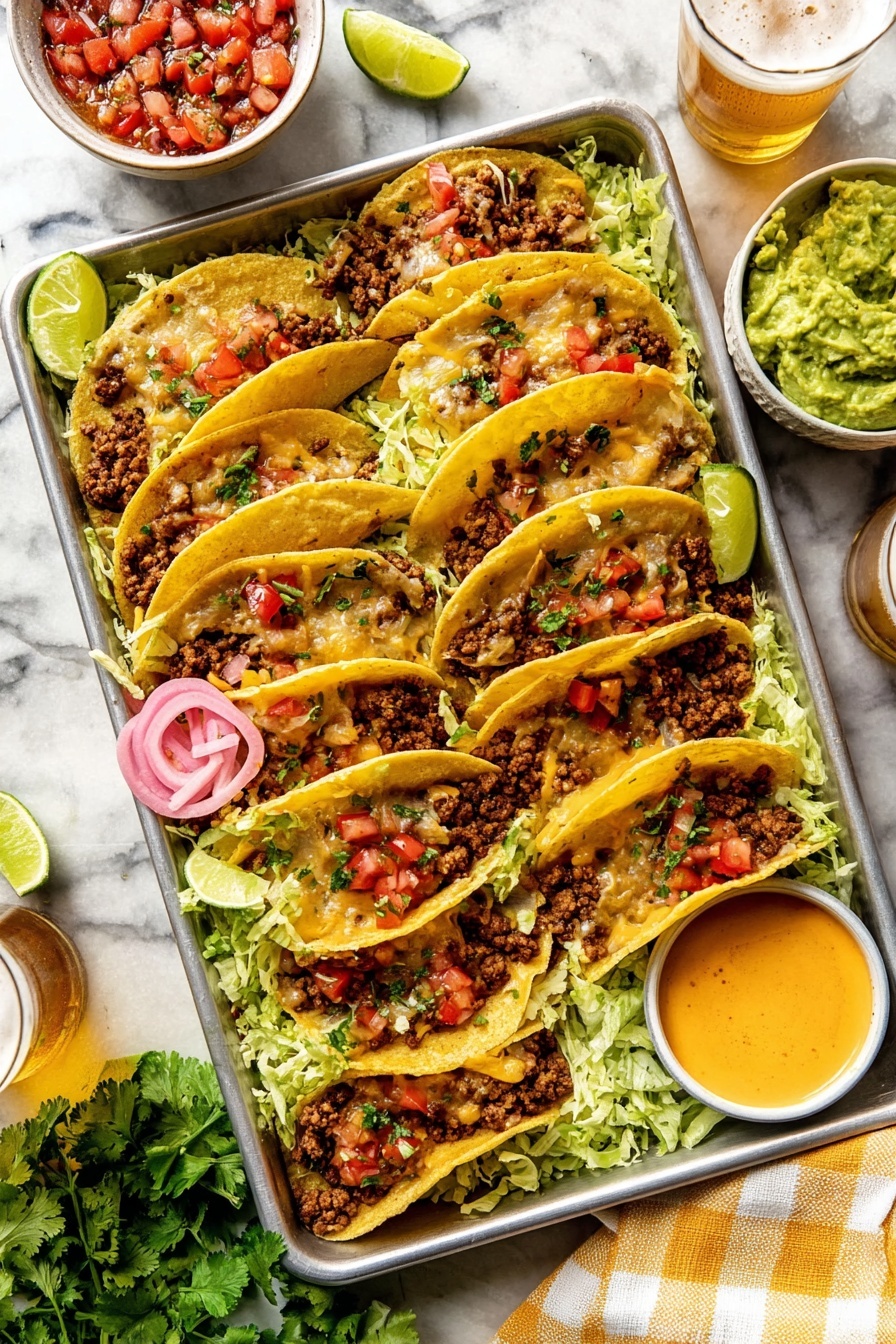 Crispy Baked Beef Tacos with Chipotle Cream, Baked Beef Tacos, Easy Beef Taco Recipe, Crunchy Oven Tacos, Healthy Taco Ideas - A metal tray filled with ten soft golden tortillas folded in half, each filled with browned ground meat mixed with melted cheese and topped with small pieces of red tomato and green herbs, all resting on a bed of shredded pale green lettuce. Thin slices of bright pink pickled onions and lime wedges are placed on top and around the tray. On the side are three small white bowls: one with smooth green guacamole, one with red and white tomato salsa, and one with a creamy orange sauce. The tray sits on a white marbled surface with a glass of beer and some fresh green cilantro nearby. A white and yellow checkered cloth partly covers the bottom right corner. photo taken with an iphone --ar 2:3 --v 7
