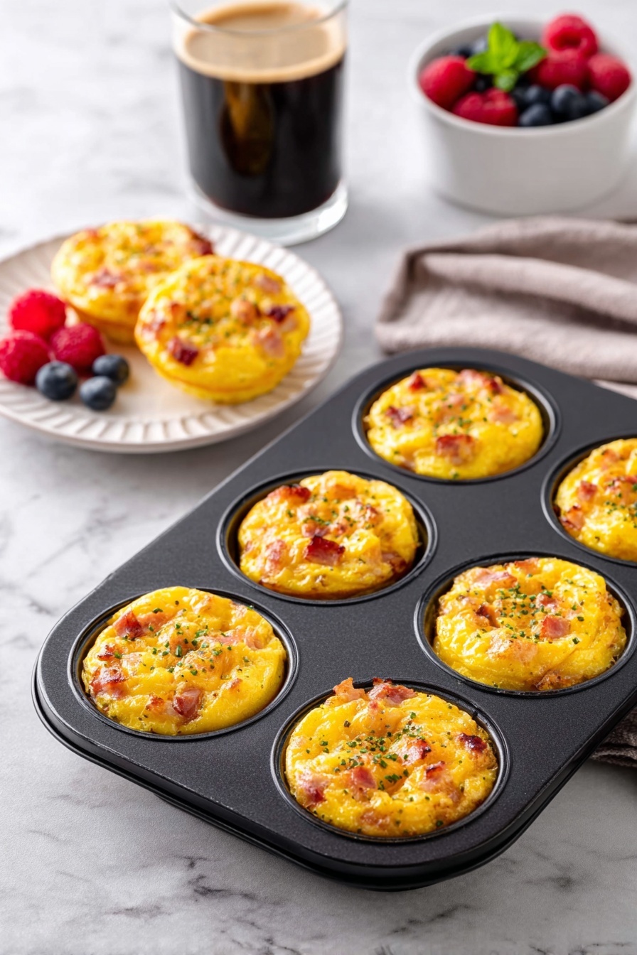 Cheddar Vegetable Egg Bites, breakfast egg bites, healthy egg breakfast recipe, easy morning egg bites, make-ahead veggie egg bites - A black muffin tray holds six golden yellow egg muffins, each filled with bits of browned ham and melted cheese, topped with small green herb sprinkles. Nearby, four more egg muffins rest on a white fluted plate, accompanied by fresh red raspberries and blueberries. To the left, a glass of dark coffee with light foam sits on a white marbled surface, and to the right, a small white bowl contains more blueberries and raspberries with a small green mint leaf on top. Photo taken with an iphone --ar 2:3 --v 7