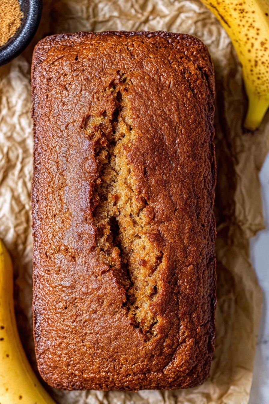 Moist Banana Bread, Best Banana Bread, Easy Banana Bread Recipe, Fluffy Banana Loaf, Tender Banana Bread - A single loaf of brown banana bread with a rough and cracked crust texture, sitting directly on crumpled parchment paper. The bread is rectangular with rounded corners and a deep crack running lengthwise down the middle. To the sides of the bread are parts of ripe bananas with dark spots, and part of a small black bowl with brown sugar is slightly visible on the left. The background is a white marbled texture. Photo taken with an iphone --ar 2:3 --v 7