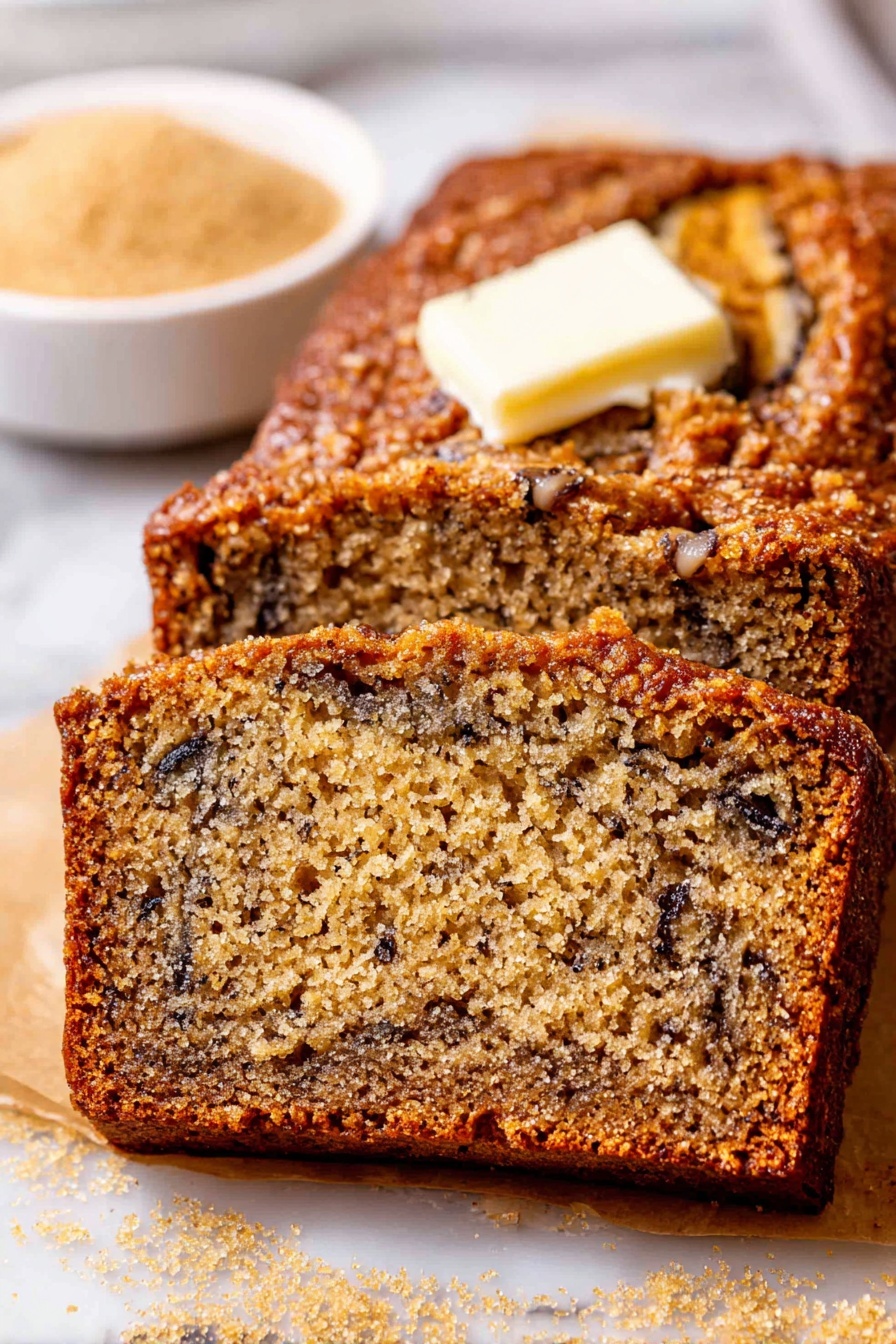 Moist Banana Bread, Best Banana Bread, Easy Banana Bread Recipe, Fluffy Banana Loaf, Tender Banana Bread - A close-up view of a single thick slice of nut bread resting on crinkled parchment paper on a white marbled surface. The bread has a rough, golden-brown crust that looks crunchy and textured on top and around the edges. Inside the slice, the soft, moist crumb is light golden with scattered dark pieces of nuts giving a speckled pattern across the slice. The shape is a neat rectangle with slightly rounded corners and the crumb looks dense but tender. In the background, there are some blurred white bowls on the white marbled surface. Photo taken with an iphone --ar 2:3 --v 7