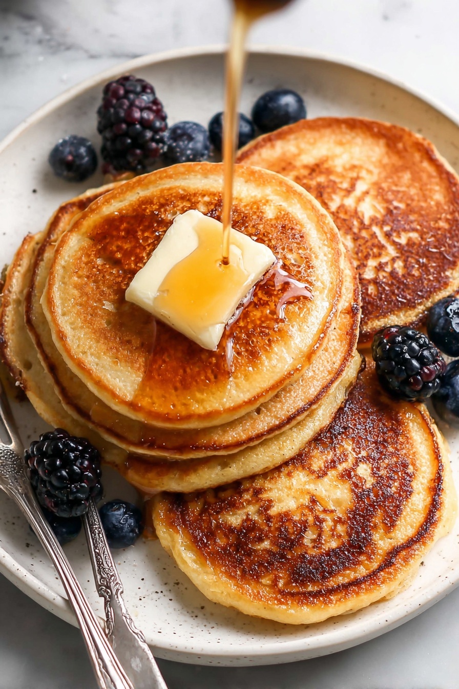 Healthy Greek Yogurt Pancakes, healthy breakfast recipes, easy protein pancakes, fluffy Greek yogurt pancakes, nutritious pancake ideas - A stack of four thick, golden-brown pancakes with a slightly crispy edge sits in the center of a white plate. The pancakes have a soft, fluffy texture and are topped with a melting pat of butter. Amber syrup flows down the sides, dripping over each pancake layer and pooling at the bottom of the stack. On the left side of the plate, there are plump blackberries and blueberries adding deep purple and blue colors near the base of the stack. To the right, there is part of a pancake topped with an additional pat of butter. The whole scene is set on a white marbled surface. Photo taken with an iphone --ar 2:3 --v 7