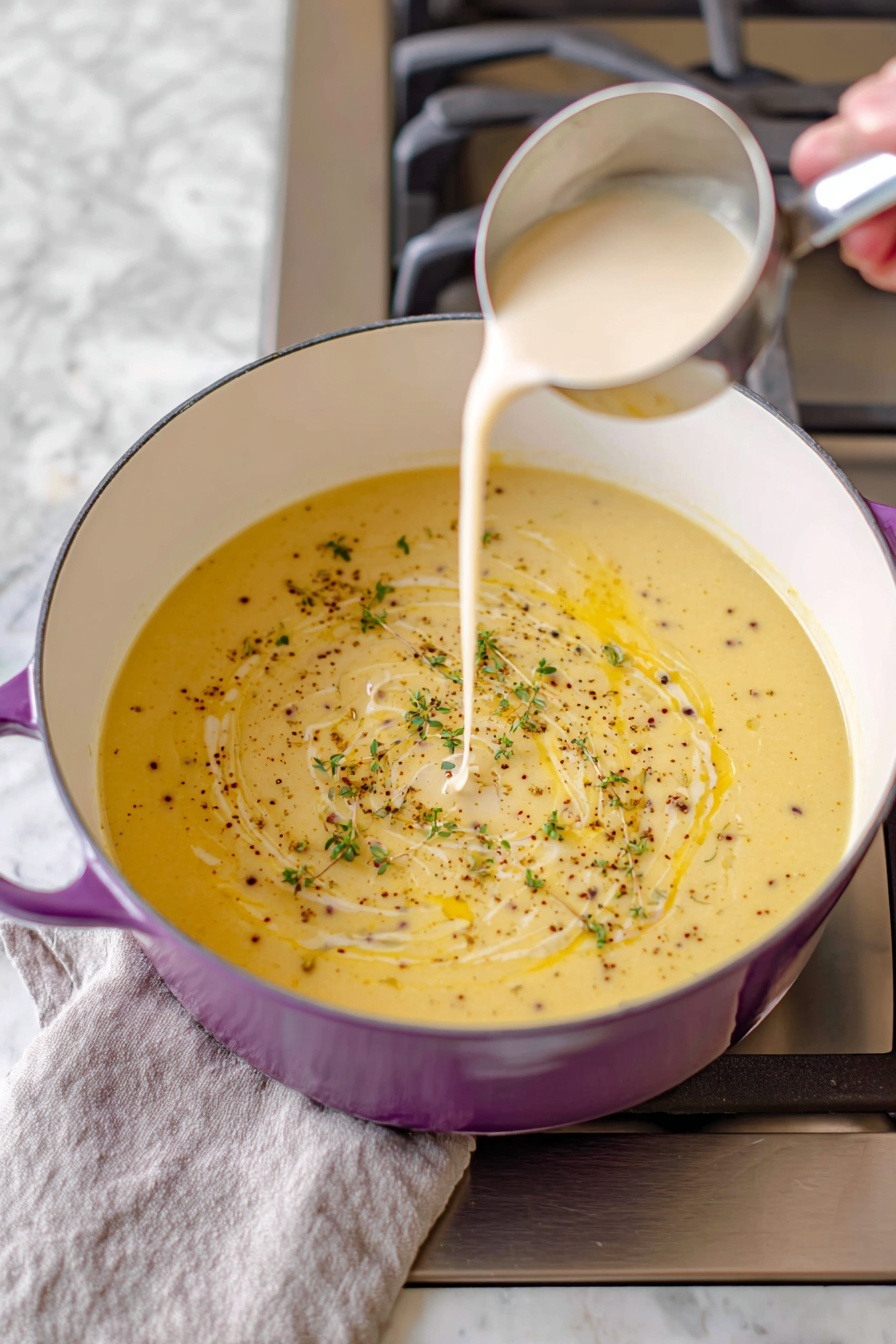 Creamy Potato Leek Soup, potato leek soup, creamy leek and potato soup, easy potato leek soup, comforting soup recipes - A large purple pot with a white inside holds a thick yellow soup or sauce with small dark specks. A woman's hand is holding a metal measuring cup pouring a light cream-colored liquid into the pot. The pot sits on a gas stove, and the background shows stainless steel and white marbled surfaces. The image is bright with natural light. photo taken with an iphone --ar 2:3 --v 7