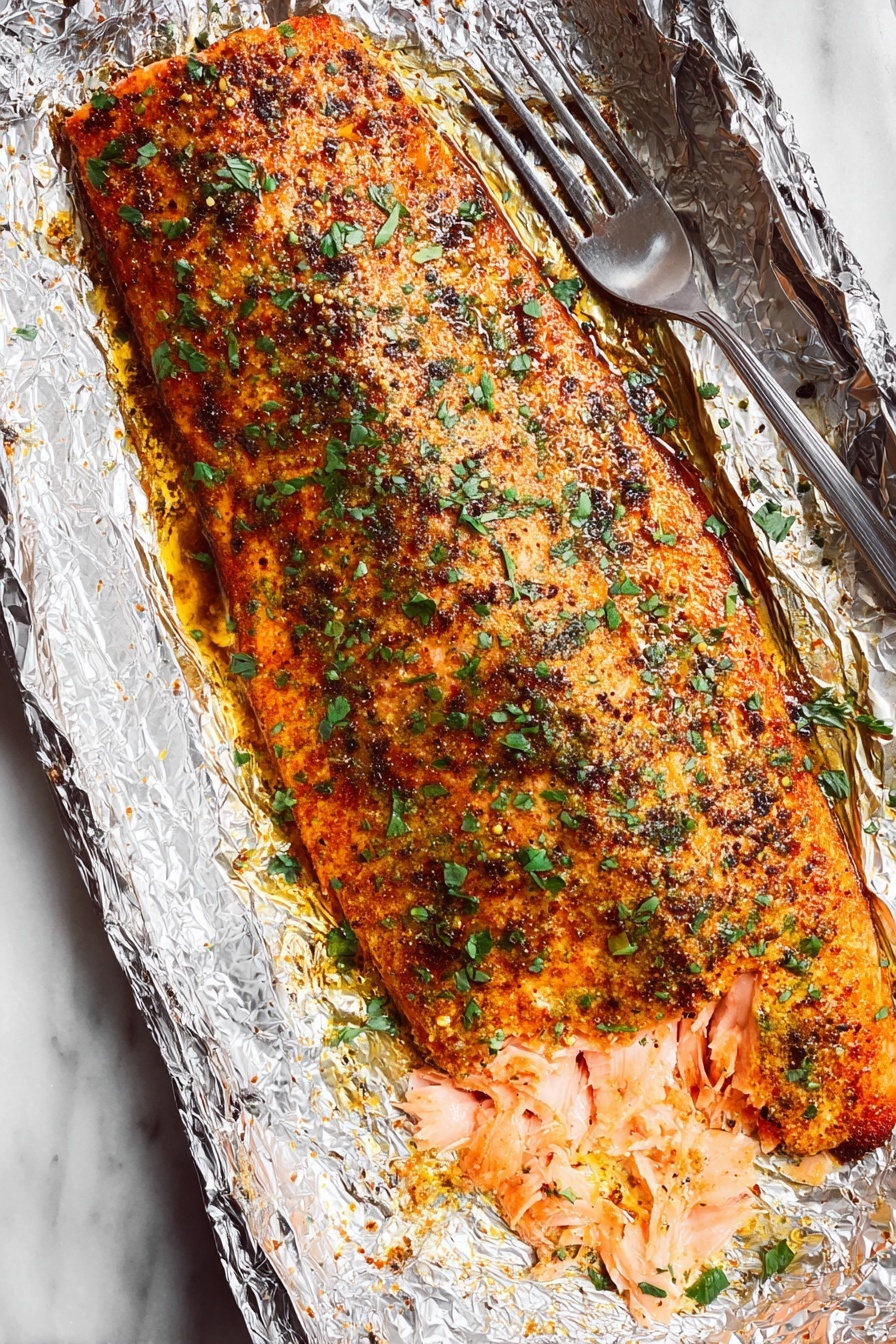 Oven Baked Salmon with Garlic Butter, baked salmon recipes, easy salmon dinner, healthy salmon fillet, flavorful salmon recipes - The image shows a close-up of cooked salmon with a crispy, browned spice crust on top. The salmon flakes are visible, showing soft, pink layers underneath the browned surface with some green herb bits scattered on top. The fish is placed on a piece of shiny foil inside a metal baking tray. To the right side, a fork is partially stuck into the salmon, lifting some flakes. The whole scene is set on a white marbled surface with a white cloth nearby, and a woman's hand is holding the tray. Photo taken with an iphone --ar 2:3 --v 7
