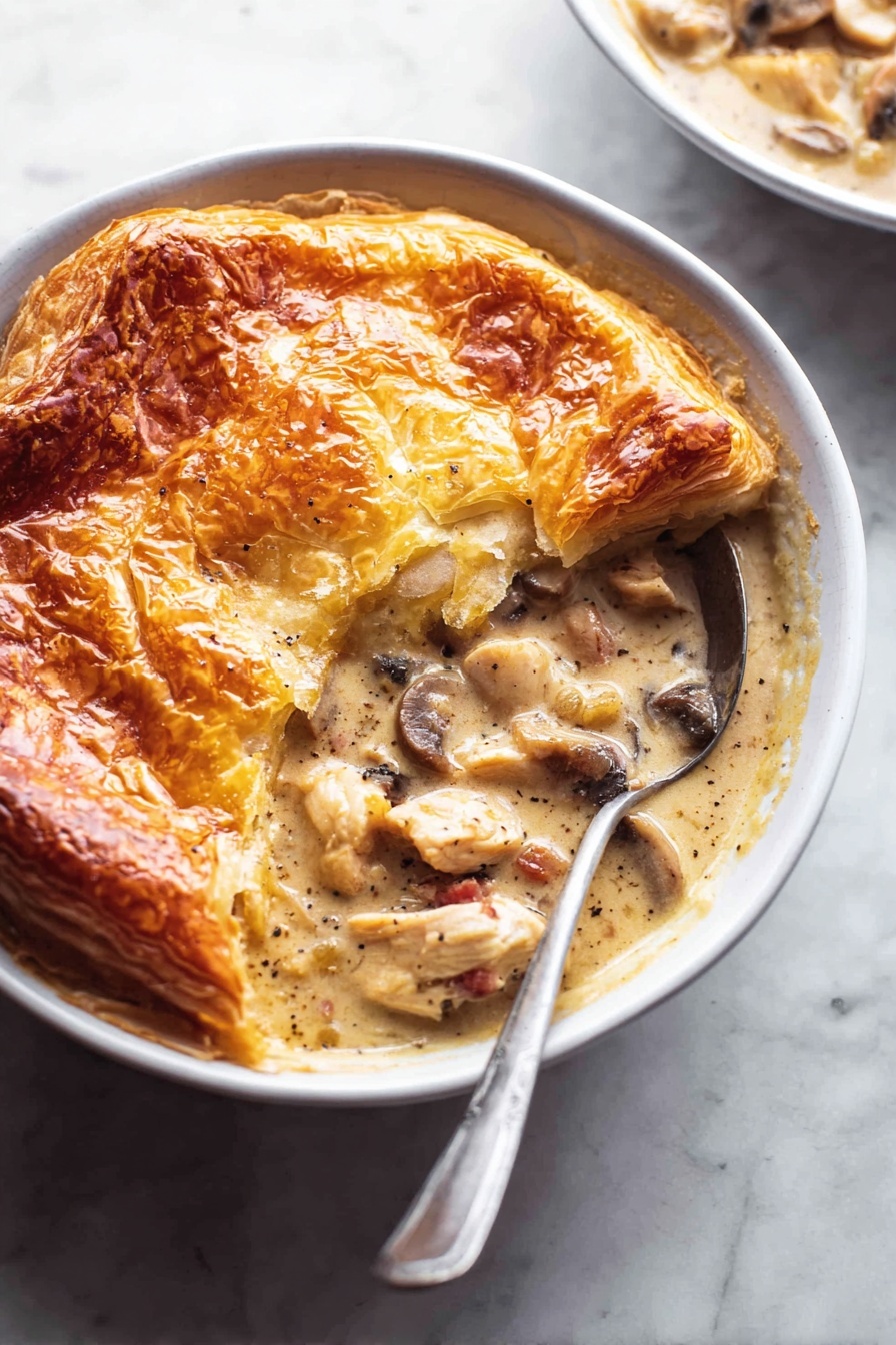 Chicken and Mushroom Puff Pie, savory puff pastry pie with chicken and mushrooms, hearty chicken mushroom pie, easy chicken mushroom puff dish, comfort food pie recipe - A white pie dish sits on a white marbled surface holding a golden brown pie with a thick, crispy crust that is puffed and uneven around the edges, showing a deep amber color from baking. One section of the crust has been lifted slightly by a spoon, revealing a creamy filling with chunks of light brown and beige ingredients, some speckled with black pepper. The filling appears smooth and rich, contrasting with the flaky texture of the crust above. photo taken with an iphone --ar 2:3 --v 7