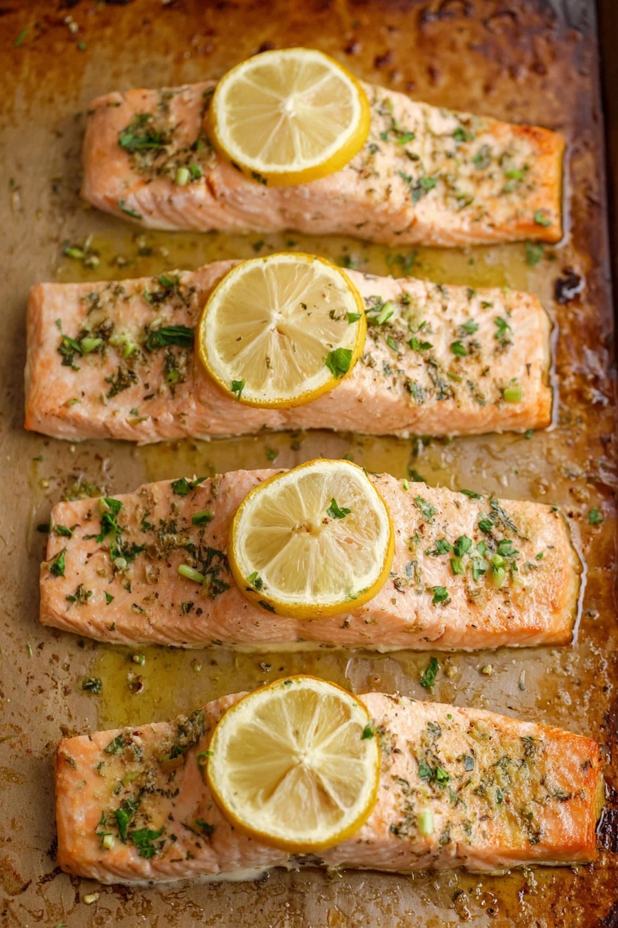 Baked Lemon Herb Salmon, Lemon Herb Salmon, Easy Salmon Dinner, Healthy Baked Salmon, Quick Salmon Recipes - Four cooked salmon fillets lie side by side on a baking tray with a slightly browned surface. Each salmon fillet is light pink with a moist and soft texture, sprinkled with small green herb pieces on top. A thin, round lemon slice with pale yellow color and visible seeds rests on each fillet. The background shows the textured baking tray with some scattered oil and browned bits. photo taken with an iphone --ar 2:3 --v 7