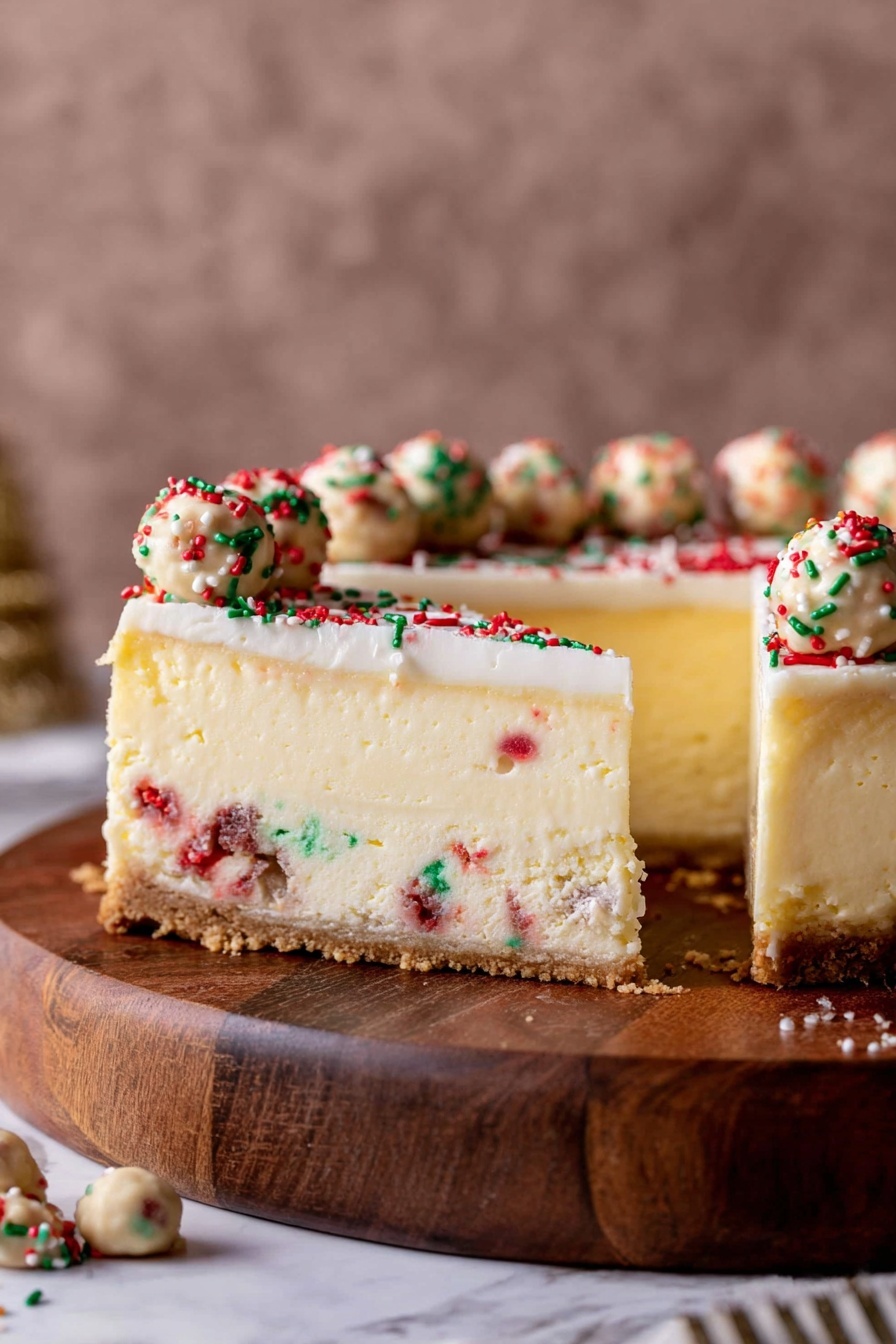 Sugar Cookie Cheesecake, easy sugar cookie cheesecake, no-bake sugar cookie cheesecake, creamy cheesecake with sugar cookie crust, festive cheesecake dessert - The image shows a slice of cheesecake on a round wooden board. The cheesecake has three main layers: a bottom crust layer with red and green specks, a thick middle creamy yellow layer with some red and green spots inside, and a thin top layer of cream with red, green, and white sprinkles scattered on it. Around the edge on top, there is a ring of small cookie dough balls with colored sprinkles inside them. The background is a plain soft brown color and the surface is a white marbled texture. Photo taken with an iphone --ar 2:3 --v 7