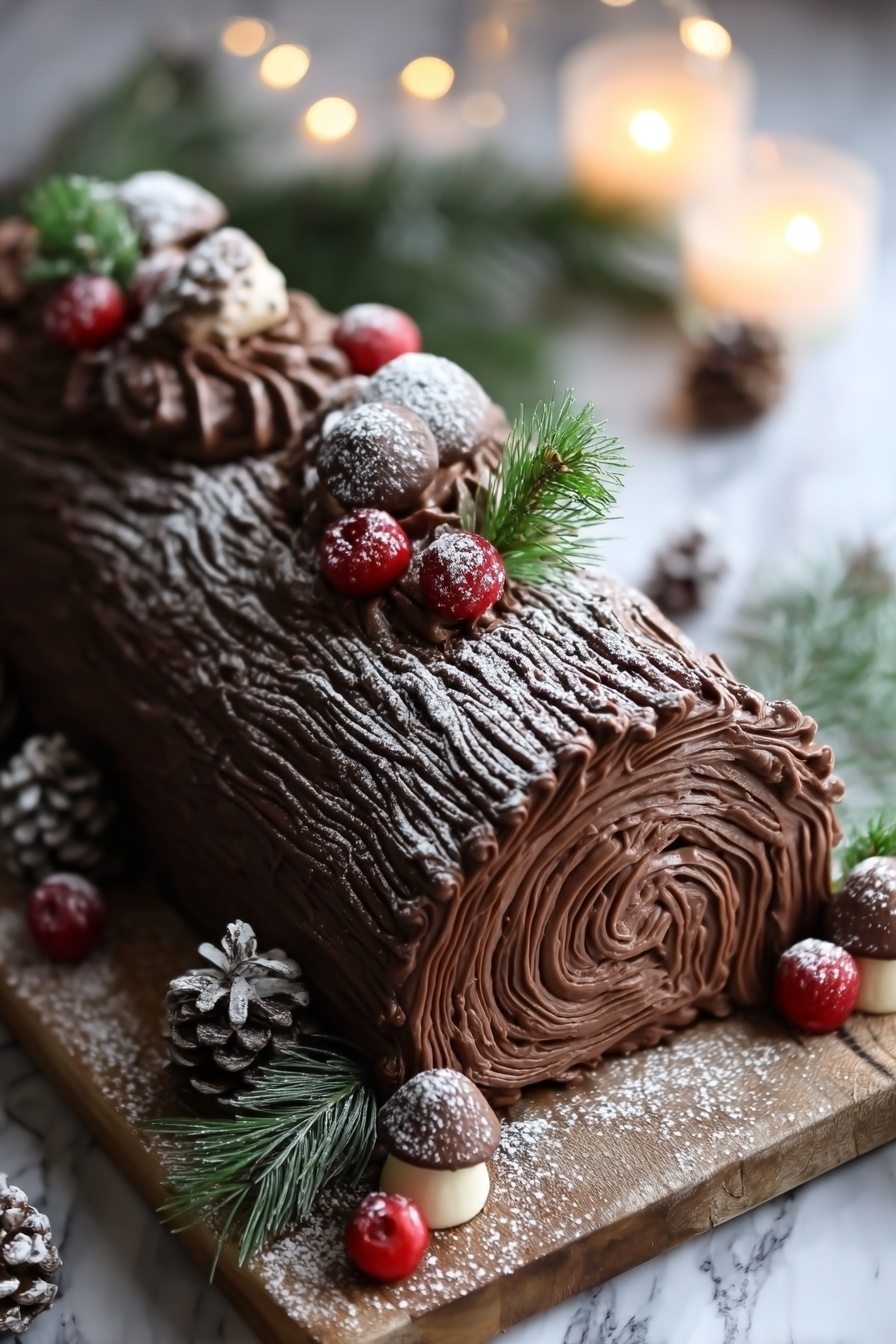 Chocolate Yule Log Dessert, festive chocolate Yule log, holiday dessert ideas, Christmas log cake, easy Yule log recipe - A long chocolate log cake sits on a wooden board, decorated to look like a tree trunk. The outside is covered in dark chocolate frosting with textured swirls mimicking tree bark, while the cut end reveals smooth chocolate cream swirled in a circular pattern. Small mushroom-shaped sweets dusted with powdered sugar, bright red berries, and pinecones are placed on top and around the cake for decoration. Sprigs of green pine needles add a festive touch, and soft white candles glow blurred in the background. The whole setup rests on a white marbled surface. photo taken with an iphone --ar 2:3 --v 7