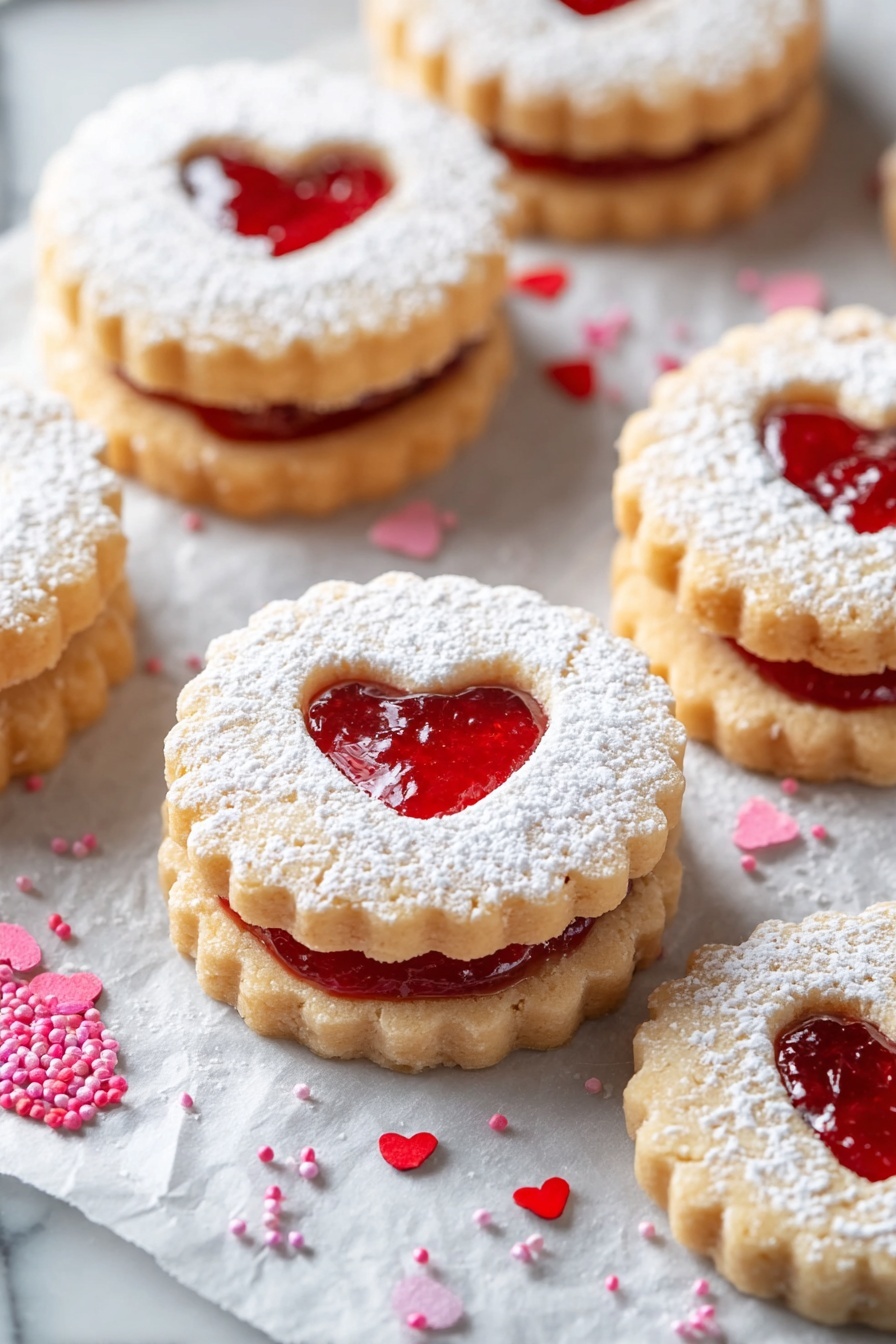 Raspberry Linzer Cookies, elegant jam-filled cookies, holiday cookie recipes, buttery raspberry sandwich cookies, homemade Linzer cookies - The image shows several round cookies with scalloped edges, stacked in two layers on a metal rack over white parchment paper. Each cookie has two layers: a bottom layer of pale golden dough and a top layer of the same dough dusted with powdered sugar, with a heart-shaped cutout in the center revealing bright red jam inside. The red jam filling is shiny and thick, and small heart-shaped sprinkles in various shades of pink and red are scattered around the cookies on a white marbled surface. A spoon with red jam lies to the side beside a glass jar partially visible, adding a touch of vibrant color. photo taken with an iphone --ar 2:3 --v 7