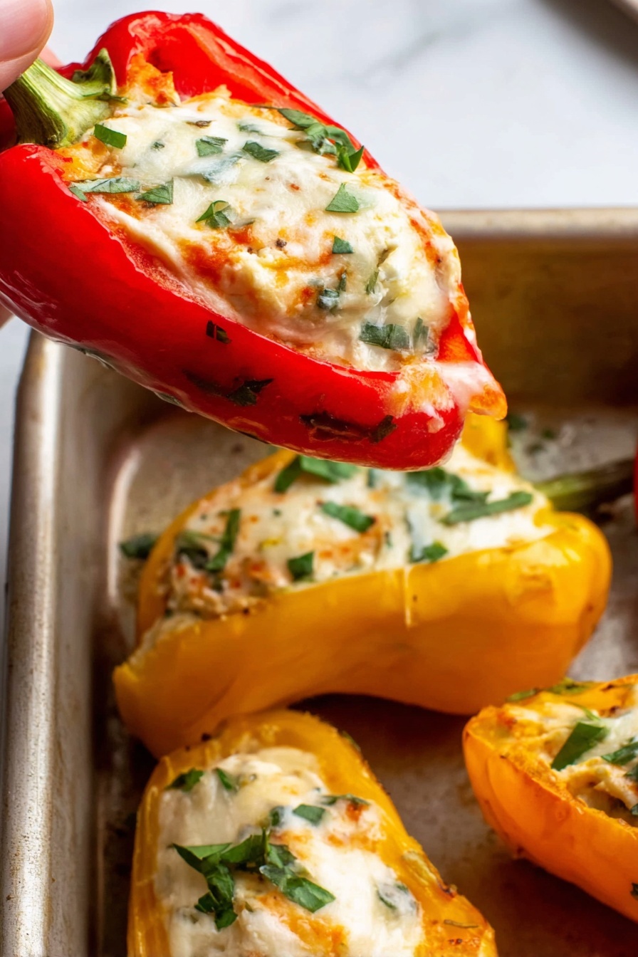 Cream Cheese Stuffed Mini Peppers, Stuffed Mini Peppers Appetizer, Easy Mini Peppers Recipes, Party Snack Ideas, Simple Canapés - A close-up image shows a woman's hand holding a bright red pepper half stuffed with a creamy, white cheese mixture with small green herb pieces mixed inside. Below it, there are other pepper halves, mostly yellow, also filled with the same cheesy mixture and sprinkled with chopped green herbs. The peppers sit inside a metal baking pan placed on a white marbled surface. The shiny, slightly melted cheese topping has a smooth texture, topping soft, stuffed peppers with visible herbs on top. Photo taken with an iphone --ar 2:3 --v 7