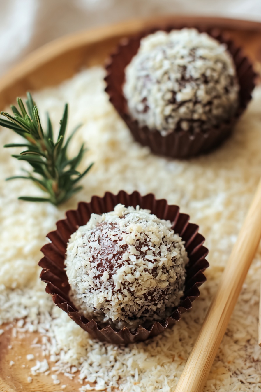 Quick Bourbon Balls, bourbon balls no-bake, easy holiday treats, chocolate bourbon bites, simple whiskey desserts - Two round chocolate balls are each placed inside dark brown ridged paper cups sitting on a bed of light beige shredded coconut flakes. The chocolate balls have rough, crumbly white flakes covering their surfaces unevenly. A small sprig of green rosemary is placed on the left side, adding a touch of color. The background is a soft, light wood texture. Two light wooden sticks rest on the lower right corner. The photo is framed with a light tan border and some small brush stroke designs. Photo taken with an iphone --ar 2:3 --v 7