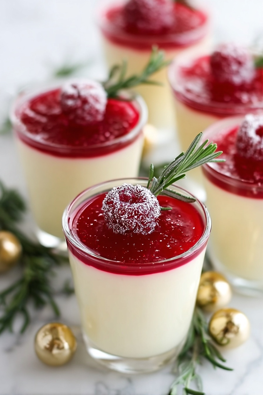 Eggnog Panna Cotta with Spiked Cranberry Sauce, holiday eggnog dessert, festive panna cotta recipe, boozy cranberry sauce, winter holiday dessert - A small clear glass holds a two-layer dessert, with the bottom layer a smooth, pale yellow pudding filling about three-quarters of the glass. On top is a bright red jelly layer, thin but firm, with a sugared red berry placed near the edge. A shiny gold spoon sticks upright from the dessert. The glass sits on a white plate with a small sprig of green herb and a sparkly gold decoration beside it. In the background, there are similar glasses with the same dessert, placed on a white marbled surface, giving a clean and bright look. Photo taken with an iphone --ar 2:3 --v 7