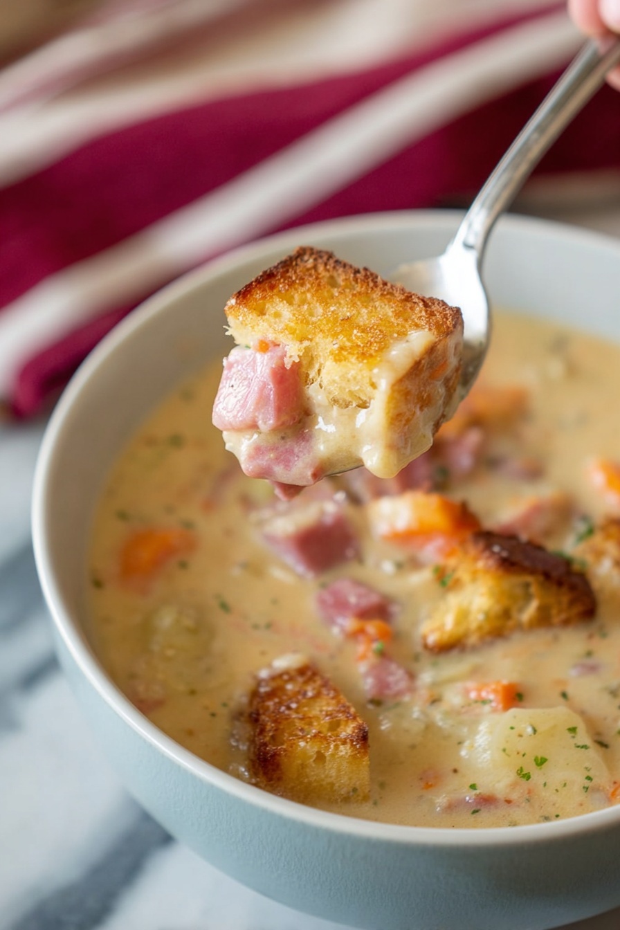 Reuben Soup with Sauerkraut and Swiss, Reuben-inspired soup, hearty Reuben soup recipe, creamy Reuben soup, easy Reuben soup - A close-up of a spoon held by a woman's hand, lifting a creamy soup that contains visible pieces of orange carrot, pink ham, and light-colored potato chunks, topped with a golden brown toasted bread cube. Below the spoon, a white bowl filled with the same creamy soup is garnished with several toasted bread cubes floating on the surface. The soup looks thick and rich, with a smooth, light beige color speckled with bits of ham and vegetables. All this is placed on a white marbled surface with a blurred red and white striped cloth in the background. photo taken with an iphone --ar 2:3 --v 7