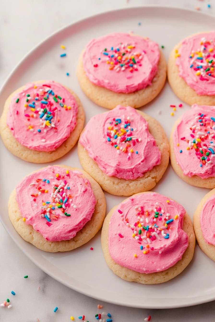 Frosted Sugar Cookies, easy sugar cookies with frosting, homemade sugar cookies, soft sugar cookie recipe, best frosted sugar cookies - The image shows a white plate holding nine round cookies, each topped with a thick layer of bright pink frosting. The cookies have a light golden-brown color and slightly rough texture. The frosting is creamy with a smooth, slightly uneven spread on each cookie, sprinkled with colorful rainbow sprinkles in reds, whites, blues, yellows, and greens. The plate sits on a white marbled surface with some sprinkles scattered around the edges. Photo taken with an iphone --ar 2:3 --v 7
