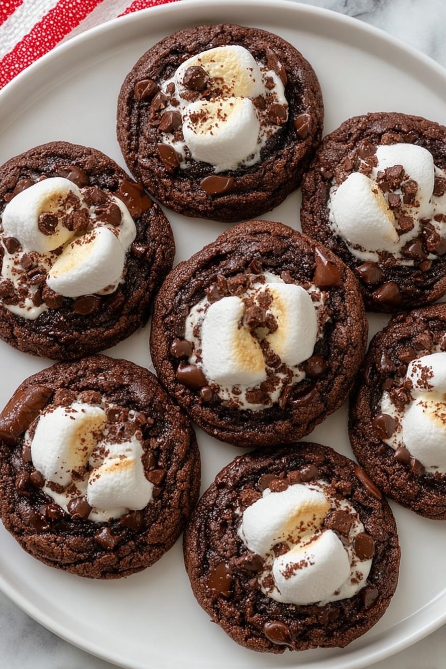 Hot Chocolate Cookies with Marshmallows, Hot Chocolate Cookies, Chocolate Marshmallow Cookies, Cocoa Cookies with Marshmallows, Warm Hug Cookies - The image shows a white plate filled with seven round chocolate cookies, each topped with a single white toasted marshmallow that has a soft, smooth texture and a slightly browned surface. The cookies are dark brown with visible chunks of melted chocolate scattered across the top, giving a rich and glossy look. The cookies are arranged in a neat group, covering most of the plate. The background is a white marbled surface, and a red and white striped cloth is partially visible in the top left corner. photo taken with an iphone --ar 2:3 --v 7