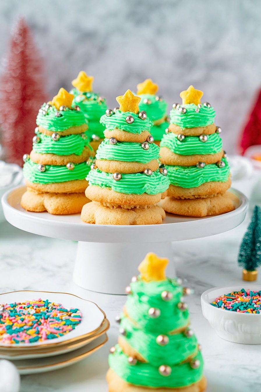 Christmas Tree Cookies with Buttercream Frosting, festive holiday cookies, Christmas baking ideas, easy Christmas cookies, holiday cookie decorating - The image shows small Christmas tree-shaped desserts arranged on a white cake stand. Each dessert has three layers of light brown cookie cakes stacked with bright green frosting between each layer, shaped like swirls to give a tree effect. The top layer of frosting is decorated with small round gold and silver sprinkles, and each tree is topped with a small yellow star candy. In the front lower portion of the image, a few more of these desserts sit on a white plate with a gold rim. To the right, there is a small white bowl filled with colorful star-shaped sprinkles. The background is a white marbled surface with blurred festive decorations in the distance. photo taken with an iphone --ar 2:3 --v 7