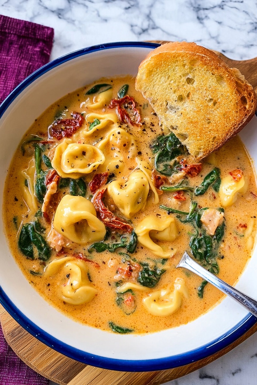 Creamy Tuscan Chicken Soup, Tuscan chicken soup, creamy chicken soup, hearty Tuscan soup, flavorful chicken soup - A white bowl with a blue rim contains creamy orange soup filled with tortellini pasta, green spinach leaves, red sun-dried tomatoes, and chunks of white meat. A slice of golden toasted bread stands resting inside the bowl, partially dipped into the soup. A silver spoon is placed inside the bowl on the right side, slightly covered by the soup. The bowl sits on a wooden board with a white marbled surface background and a purple cloth visible at the top edge of the image. Photo taken with an iphone --ar 2:3 --v 7