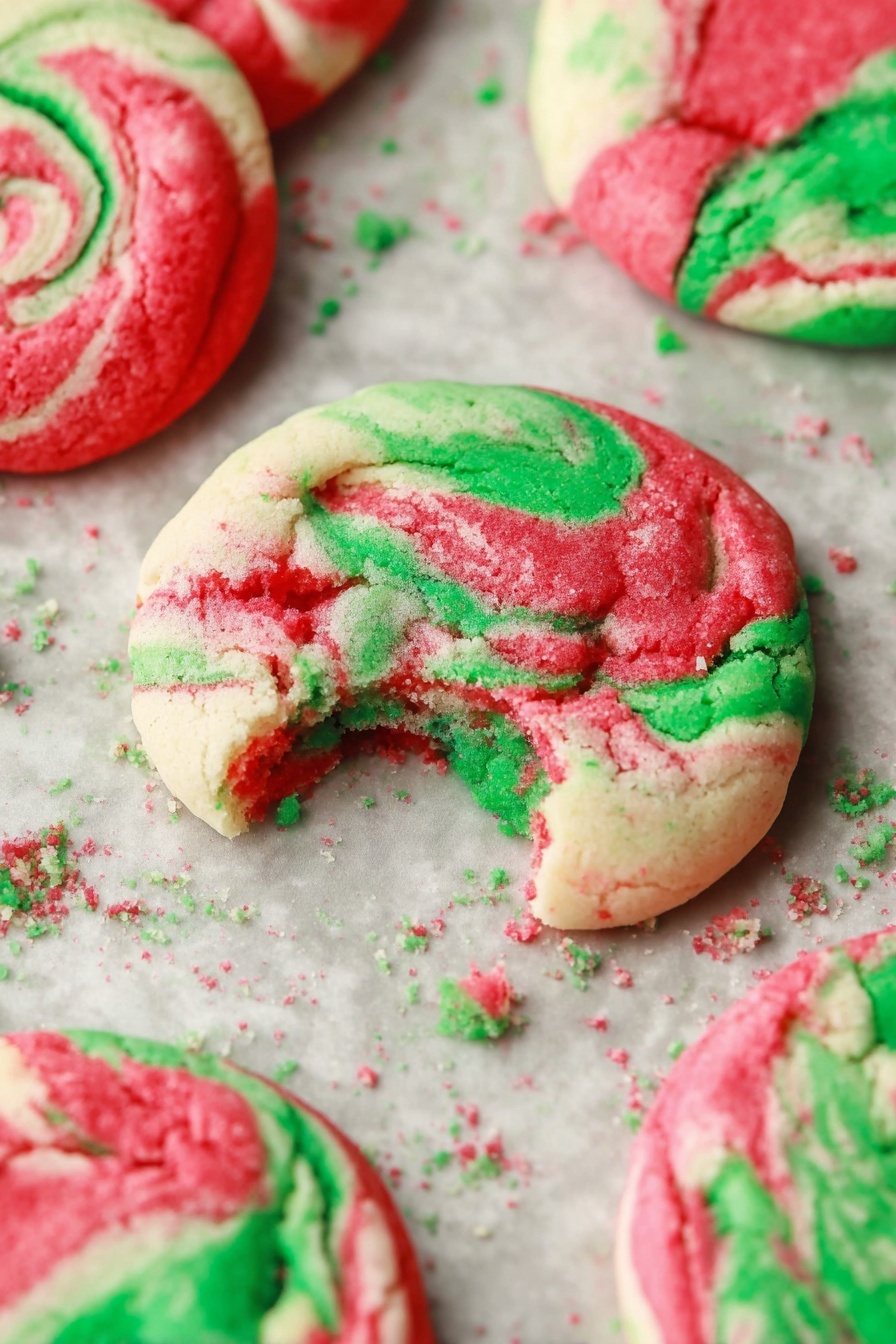 Christmas Peppermint Cheesecake Cookies, festive holiday cookies, peppermint cheesecake cookies, easy Christmas cookies, holiday baking recipes - The image shows several round cookies with swirls of red, green, and white colors on a baking tray. One cookie is broken in half, showing its soft inside with the same bright red and green swirls mixed with white dough. The cookies have a slightly wrinkled texture and uneven edges, with the colors blending in a marbled pattern. The background is a white marbled texture photo taken with an iphone --ar 2:3 --v 7
