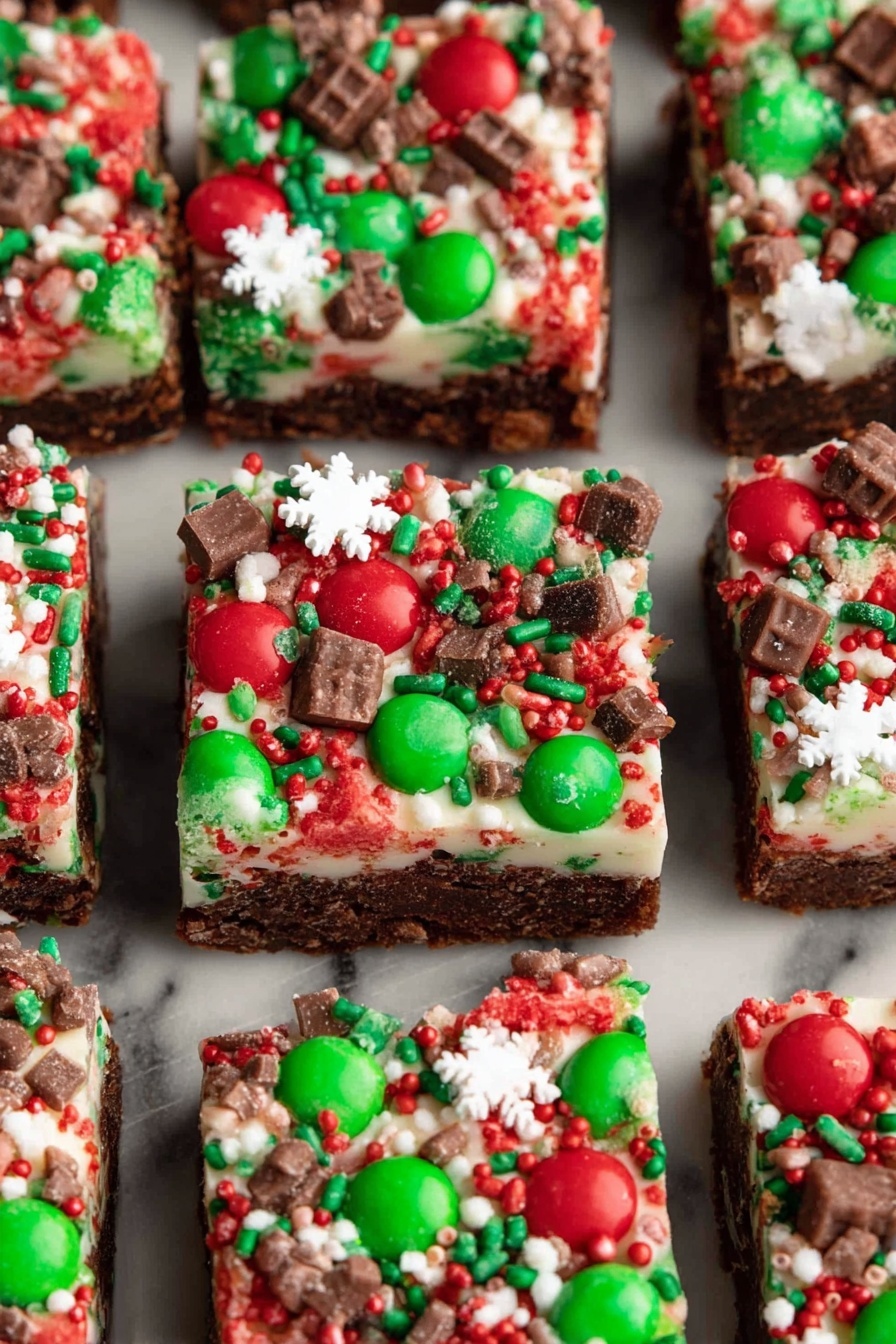 Christmas Layer Brownie Bars, festive brownie bars, holiday brownie dessert, layered brownie recipe, Christmas dessert ideas - This image shows nine square pieces of dessert arranged closely on a white marbled surface. Each piece has three visible layers: a dark brown base layer that looks like a brownie, a thick middle layer of creamy white frosting, and a top layer filled with red and green round candies, chocolate chunks, small white snowflake shapes, and red, green, and white sprinkles scattered evenly. The candies and toppings cover the entire surface of each square, making the top layer colorful and festive. photo taken with an iphone --ar 2:3 --v 7