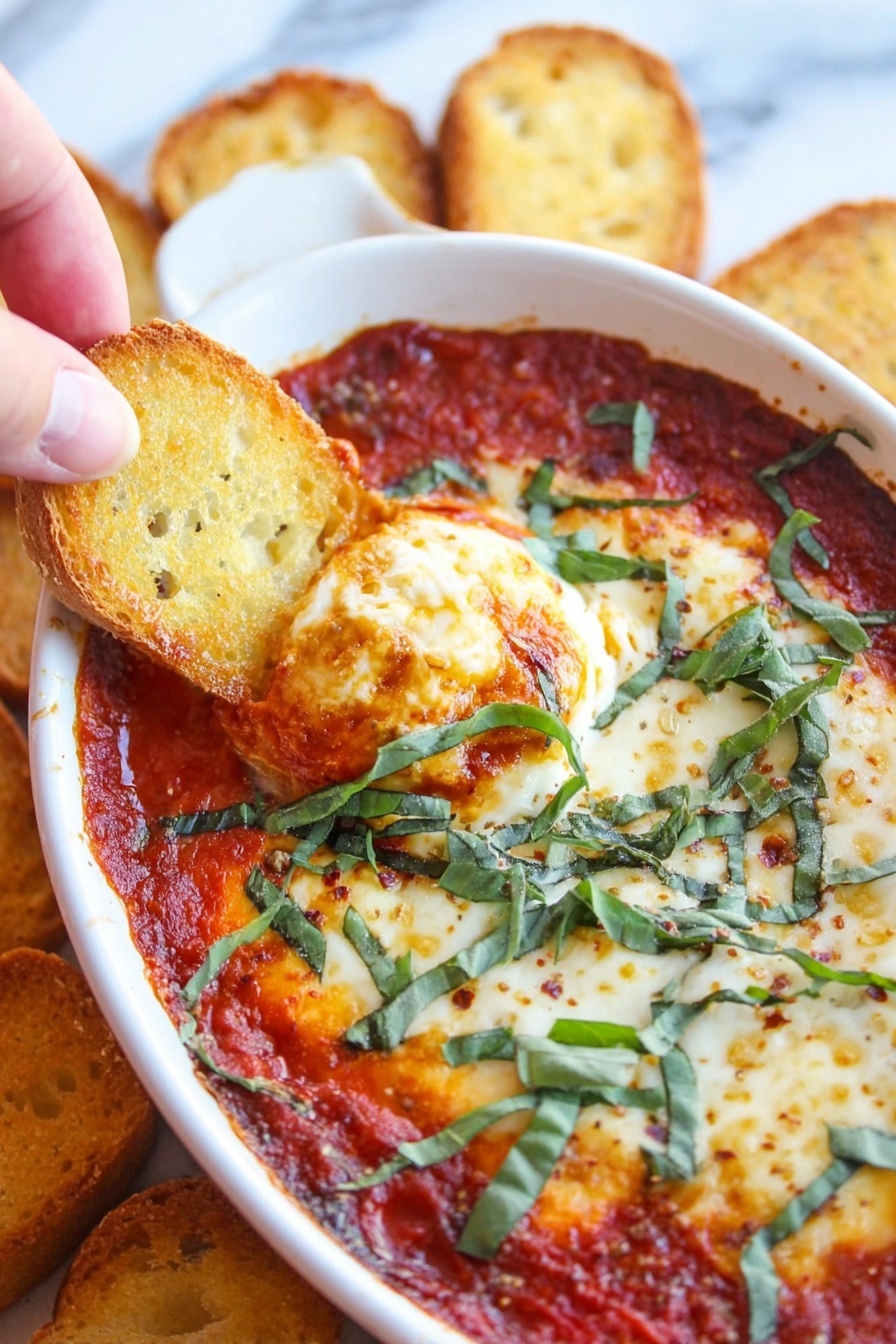 Baked Goat Cheese Marinara Dip, goat cheese appetizer, baked cheese dip, marinara cheese dip, savory party dip - A close-up image shows a white oval dish filled with a tomato sauce layer that is thick and red, topped with a baked layer of melted cheese that is golden and slightly browned. Thin strips of fresh green basil are scattered over the cheese and sauce, adding a fresh touch. A woman's hand is dipping a small, golden toasted bread slice into the sauce on the left side of the dish. The dish is placed on a white marbled surface with more toasted bread slices visible around it. photo taken with an iphone --ar 2:3 --v 7