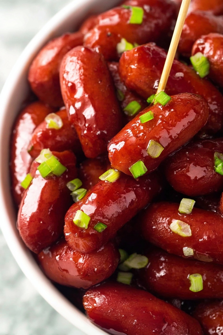 Crockpot BBQ Little Smokies, easiest BBQ appetizer, slow cooker cocktail sausages, crowd-pleasing party snacks, simple game day appetizers - A close-up view of a white bowl filled with small red sausages covered in a shiny sauce. The sausages are packed closely together, some skewered with a wooden toothpick standing upright in the center. Small pieces of bright green chopped scallions are sprinkled evenly over the sausages, adding a fresh touch. The glossy texture of the sauce highlights the smooth surface of the sausages, making them look juicy and flavorful. The bowl is placed on a surface with a white marbled texture photo taken with an iphone --ar 2:3 --v 7