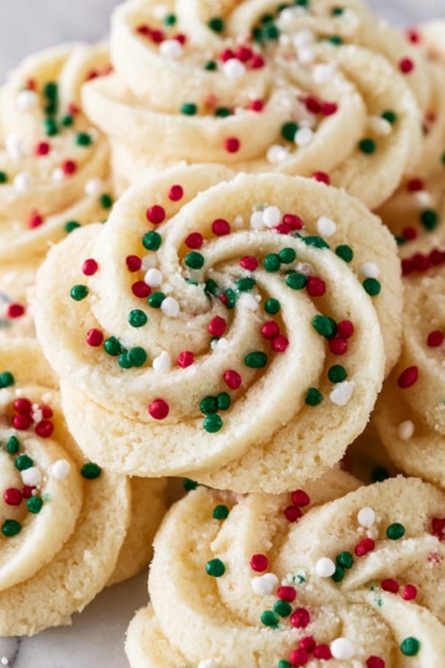 Butter Cookies, buttery cookies, homemade butter cookies, soft butter cookies, classic butter cookies - A clear glass plate sits on a white marbled surface filled with round cookies in a swirl pattern with soft beige color. Each cookie is topped with tiny round sprinkles in red, green, and white, adding a festive touch. The cookies have a textured, slightly crumbly look with neat, spiraled ridges, arranged closely together and overlapping a bit. The background shows some blurred green pine branches and golden ornaments, hinting at a holiday setting. photo taken with an iphone --ar 2:3 --v 7