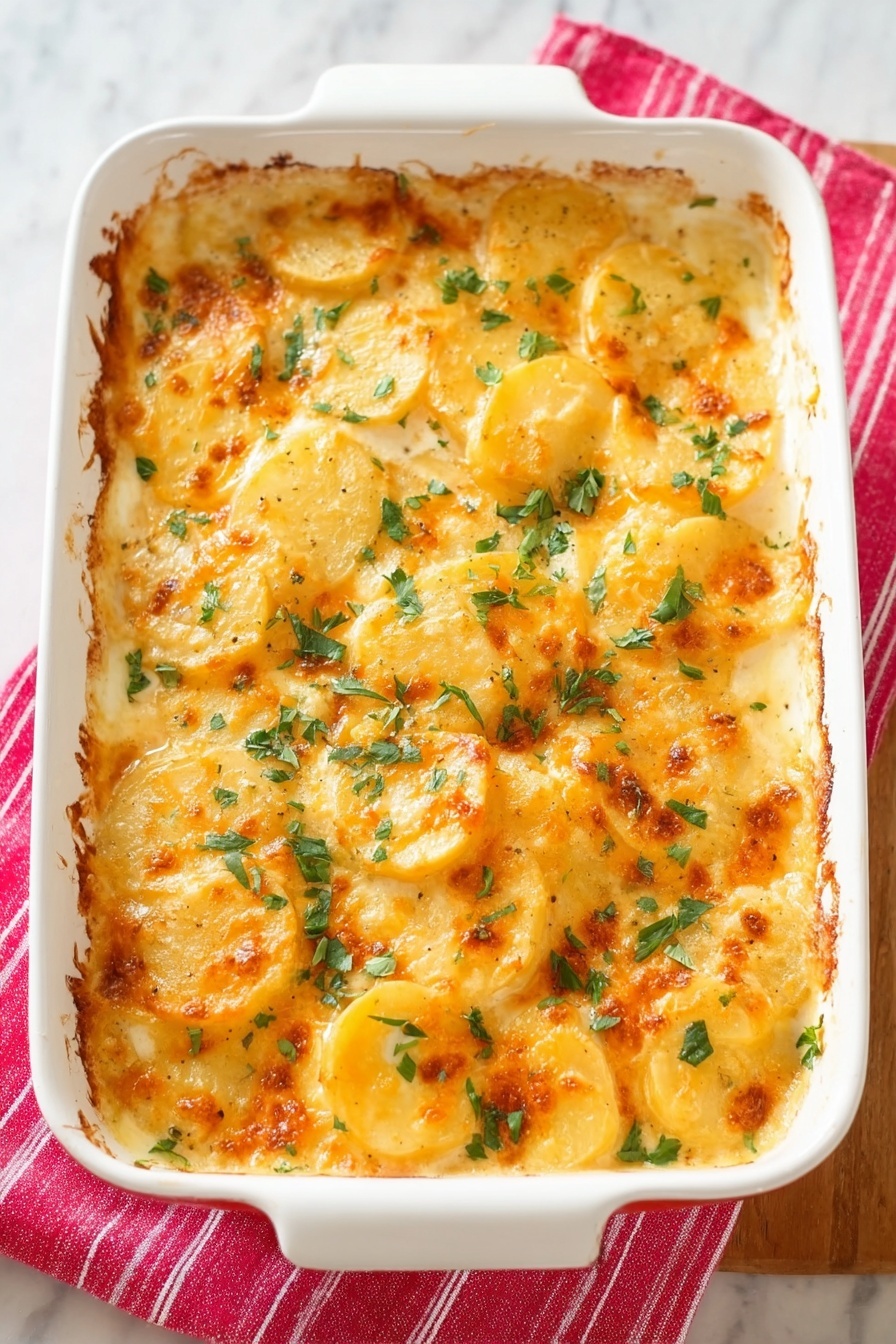 Cheesy Scalloped Potatoes, scalloped potatoes with cheese, creamy potato side dish, cheesy potato casserole, easy scalloped potato recipe - A white rectangular ceramic dish filled with baked scalloped potatoes. The dish has one thick visible layer of sliced potatoes cooked in a creamy sauce with a golden-brown cheesy top. The cheese is melted and slightly browned, covering the round potato slices with some sprinkled green parsley leaves on top for garnish. The dish rests on a pink cloth with red stripes on a white marbled surface. Photo taken with an iphone --ar 2:3 --v 7