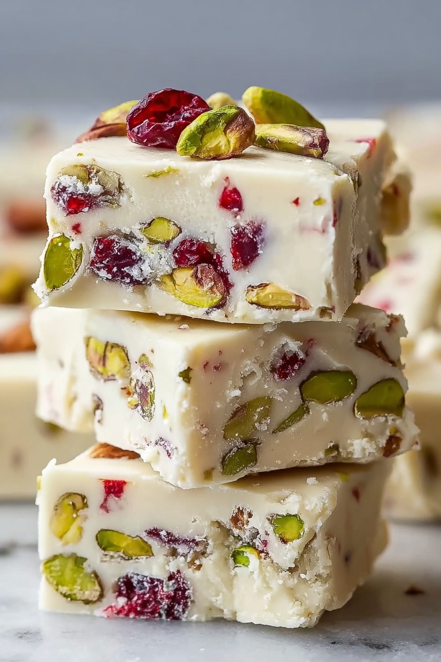 Cranberry Pistachio Shortbread Cookies, holiday shortbread cookies, festive cranberry pistachio treats, easy shortbread recipe, buttery cranberry pistachio cookies - The image shows three square white fudge pieces stacked on a round white plate. Each piece is creamy with bits of green pistachios and red dried cranberries inside. The top piece has a light white glaze with whole pistachios on top. The fudge texture looks smooth but thick. Some pistachios and cranberry bits are scattered on the plate around the stack. The background is a white marbled texture. photo taken with an iphone --ar 2:3 --v 7