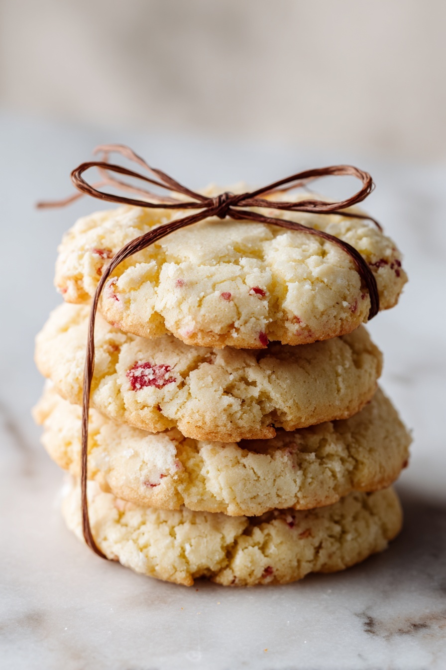 White Chocolate Candy Cane Cookies, holiday peppermint cookies, festive Christmas cookie recipe, easy holiday cookies, peppermint white chocolate treats - A small stack of four soft cookies sits on a white marbled surface. The cookies are pale cream colored with rough, slightly bumpy textures and light golden edges. They show bits of red scattered inside, giving a subtle splash of color through the pale dough. The top cookie is tied with a thin brown string tied in a bow, adding a simple touch. The background is softly blurred, keeping the cookies as the clear focus. photo taken with an iphone --ar 2:3 --v 7