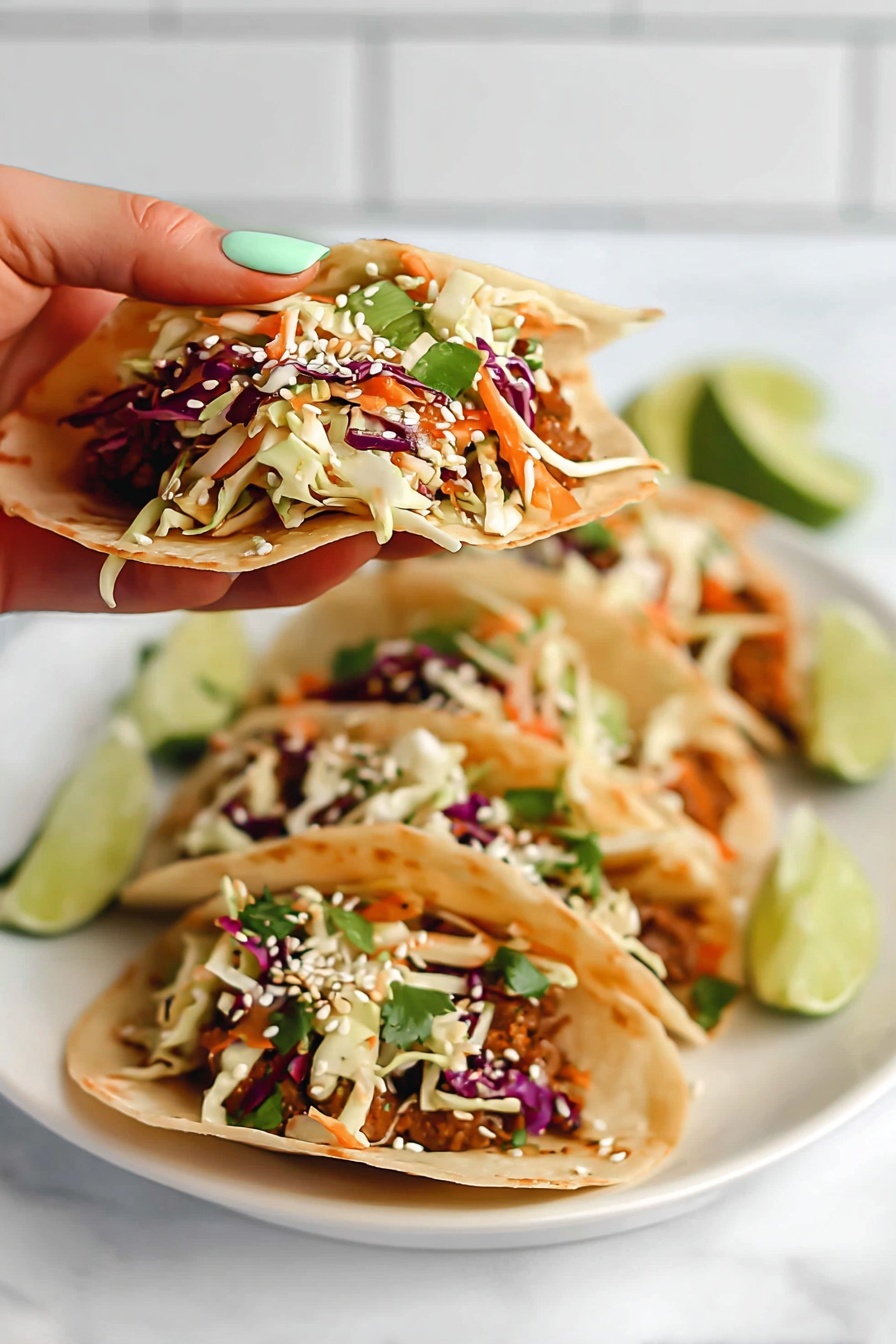 Chicken Wonton Tacos, Asian-inspired tacos, crispy wonton tacos, easy chicken taco recipes, quick appetizer ideas - A white plate with four soft taco shells filled with layered ingredients is shown on a white marbled surface. Each taco has a base layer of brown cooked meat, topped with a mix of finely shredded vegetables including light green cabbage, purple cabbage, orange carrot pieces, and green onion slices. White sesame seeds are sprinkled on top, adding texture. Lime wedges sit near the plate edges for garnish. A woman's hand with mint-colored nail polish holds one taco above the plate, showcasing the colorful filling inside the folded soft shell. The background is softly blurred white tiles. Photo taken with an iphone --ar 2:3 --v 7