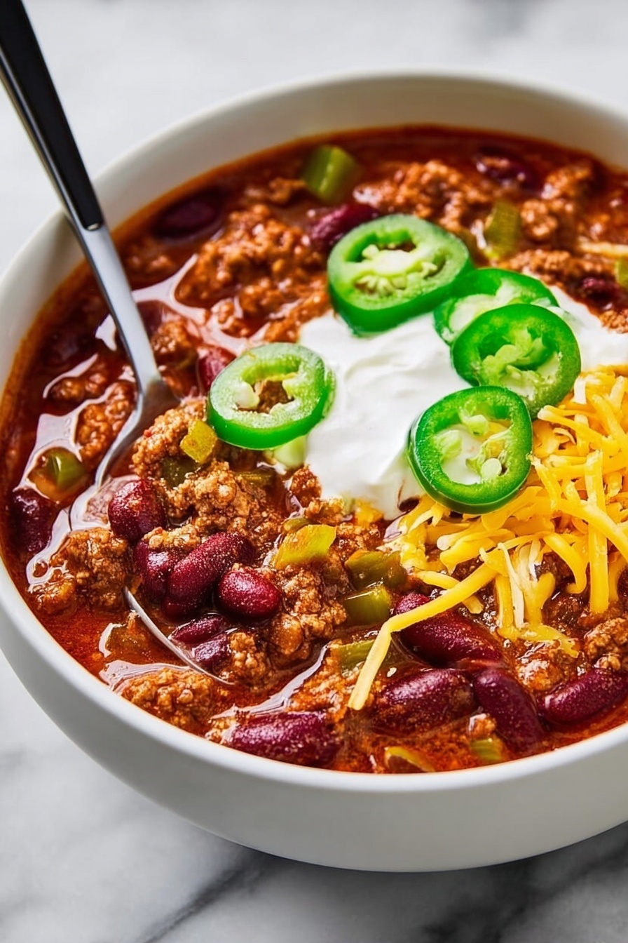 Slow Cooker Chili, hearty chili recipe, easy chili dinner, comforting slow cooker meal, beginner-friendly chili - A white bowl filled with thick chili that has visible layers of dark red beans and brown cooked ground meat mixed with diced green bell peppers. On top, there is a bright layer of yellow shredded cheese, dollops of white sour cream, and slices of fresh green jalapeno peppers. A silver spoon with a black handle is resting inside the bowl, partially submerged in the chili. The bowl is placed on a white marbled surface. Photo taken with an iphone --ar 2:3 --v 7