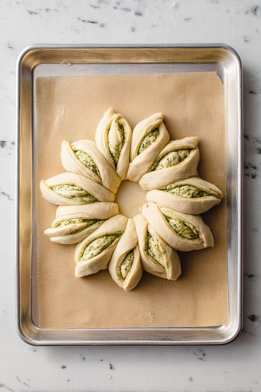 Pesto Star Bread, Pesto Star Bread Recipe, Easy Pesto Bread, Savory Star-Shaped Bread, Pesto Bread for Parties - A circular dough shaped like a flower with eight twisted petals sits on a baking tray lined with parchment paper. Each petal shows visible layers with a green herb filling in between, giving it a layered look of light dough and green specks. The center is smooth and untouched, providing a round blank space. The baking tray is silver and rests on a white marbled surface. Photo taken with an iphone --ar 2:3 --v 7