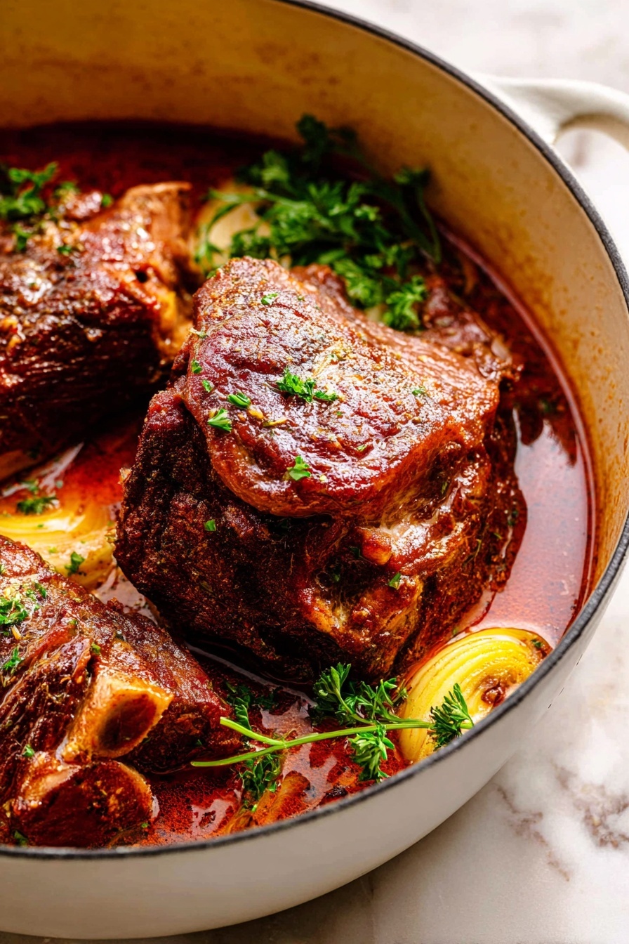 Braised Pork Shoulder with Apples, pork shoulder recipes, fall comfort food, hearty pork dishes, apple pork braise - The image shows two large chunks of brown cooked meat with a slightly crispy and glistening surface, sitting in a light red sauce inside a white pot. Fresh green parsley sprigs are placed around the meat, adding a touch of color. Some slices of light yellow vegetables are partially submerged in the sauce, creating a layered look. The white pot contrasts with the rich colors of the sauce and meat, and it rests on a white marbled surface. photo taken with an iphone --ar 2:3 --v 7