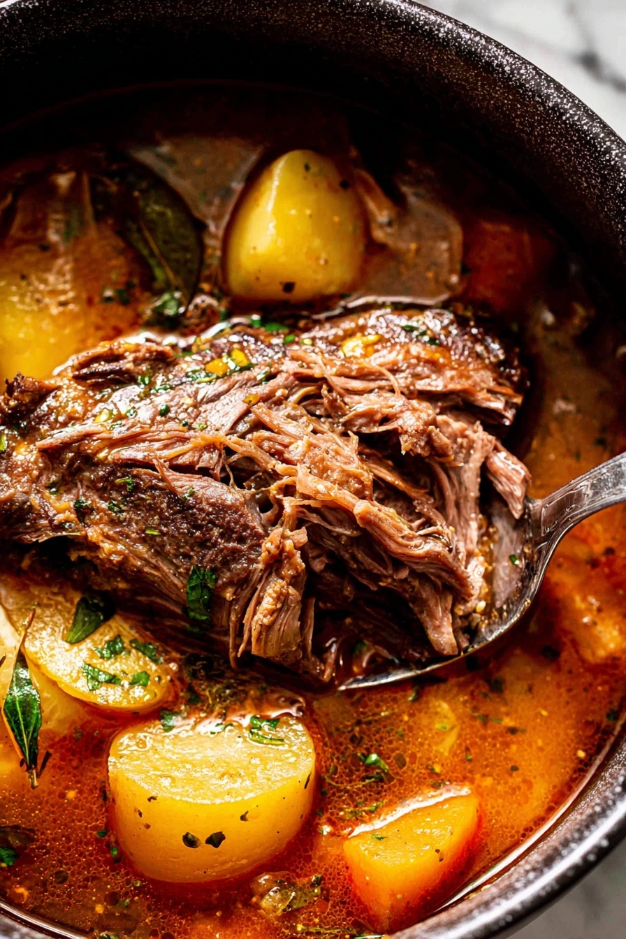 Braised Pork Shoulder with Apples, pork shoulder recipes, fall comfort food, hearty pork dishes, apple pork braise - The image shows a close-up of a rich stew in a dark pot placed on a white marbled surface. In the stew, there is a large piece of brown, cooked meat with textures of pulled, soft fibers, resting in the middle. Around the meat, there are orange-brown sauce layers with some shiny, smooth textures from the broth. Mixed in the stew are yellowish chunks of potatoes and green herbs scattered on top, adding a fresh look. A silver fork is pulling some meat from the main piece. The overall colors are warm with browns, oranges, yellows, and greens, creating a hearty, home-cooked style appearance. photo taken with an iphone --ar 2:3 --v 7