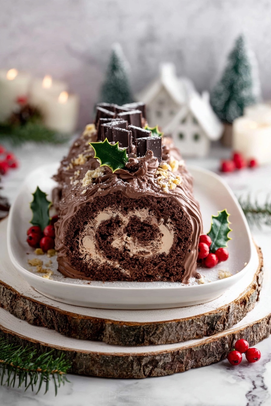 Chocolate Hazelnut Yule Log, holiday chocolate cake roll, festive chocolate dessert, nutty chocolate yule log, easy holiday cake roll - The image shows a Yule log cake on a white rectangular plate placed on a wooden round board. The cake has one main layer covered in smooth chocolate cream with dark chocolate ribbon-like strips laid vertically on top, creating a wavy texture. There are small pieces of chopped nuts sprinkled over the chocolate ribbons and around the plate. On top of the cake, a cluster of glossy green holly leaves and bright red berries adds a festive touch. The background features a white marbled surface with decorative mini snowy trees, white houses, and red berries scattered around, giving a winter holiday feel. photo taken with an iphone --ar 2:3 --v 7