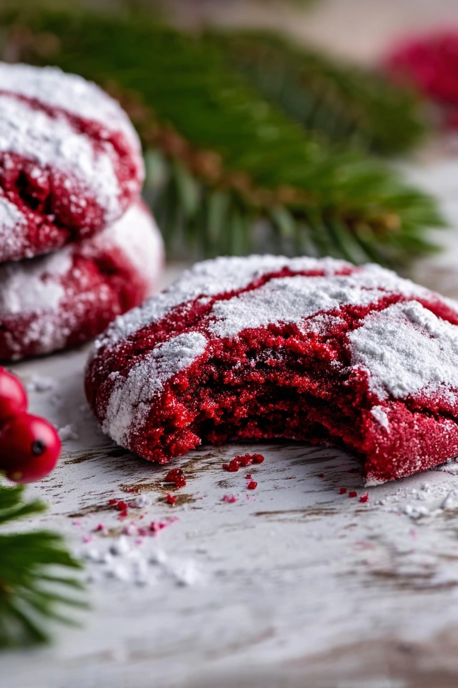 Red Velvet Cookies with Crinkle Coating, easy red velvet cookies, no-bake red velvet cookies, festive crinkle cookies, holiday red velvet treats - A close-up view of a red velvet cookie with a visible bite taken out of the front one, showing a soft red inside with white powdered sugar dusted thickly on the outside. Behind it, two whole cookies stacked slightly on a white marbled surface. To the left, green pine leaves and a small red berry add a festive touch. The wood texture beneath the cookies creates a rustic feel. Photo taken with an iphone --ar 2:3 --v 7